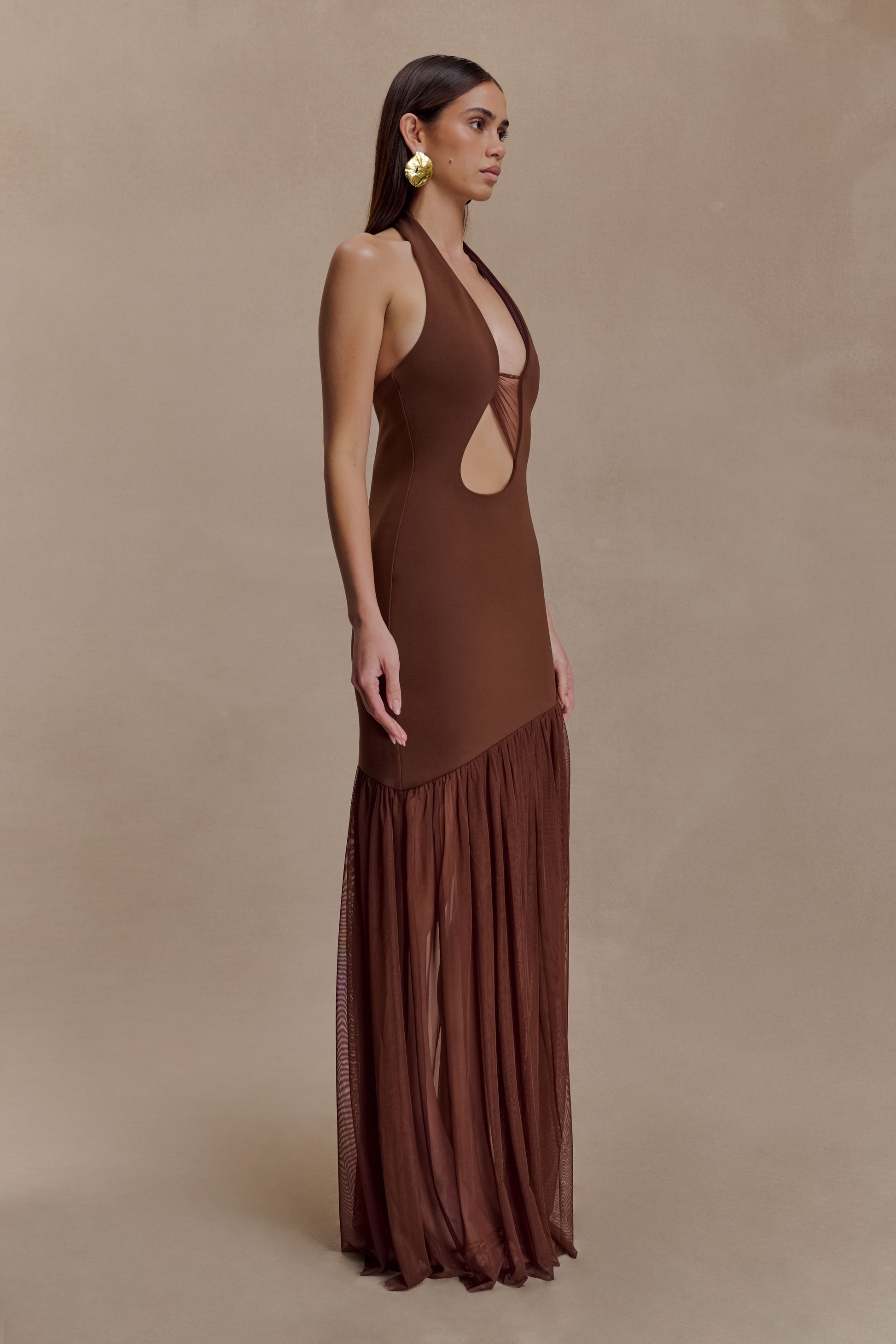 chocolate mesh cut out layered maxi dress Celeste Lightweight Mesh Cut-Out Detail Cami Maxi Dress in Brown, breathable Mesh evening dress, flattering Maxi Dress cutouts, women's dress, SOERA