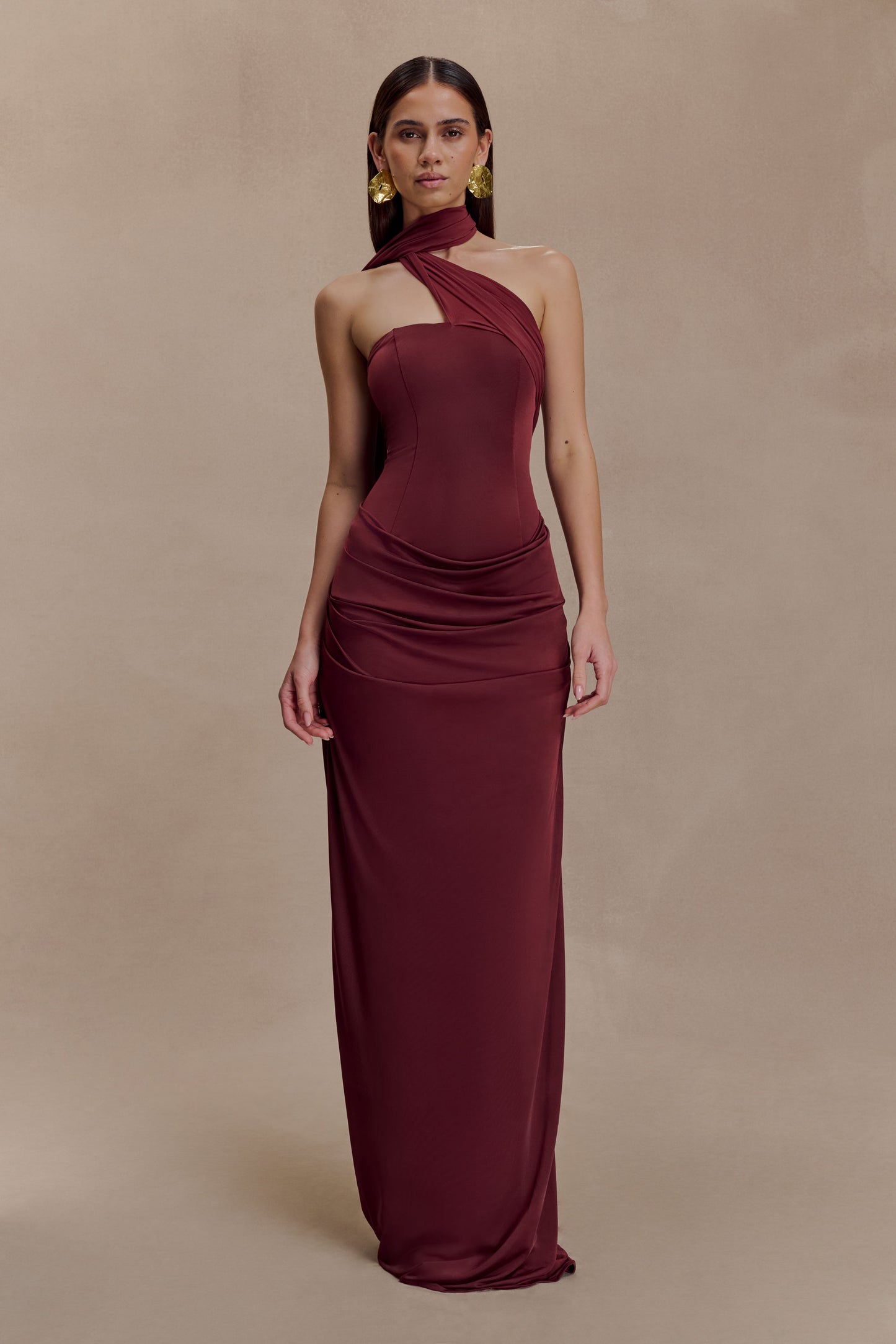 Mattea Slinky And Mesh Maxi Dress With Scarf - Burgundy