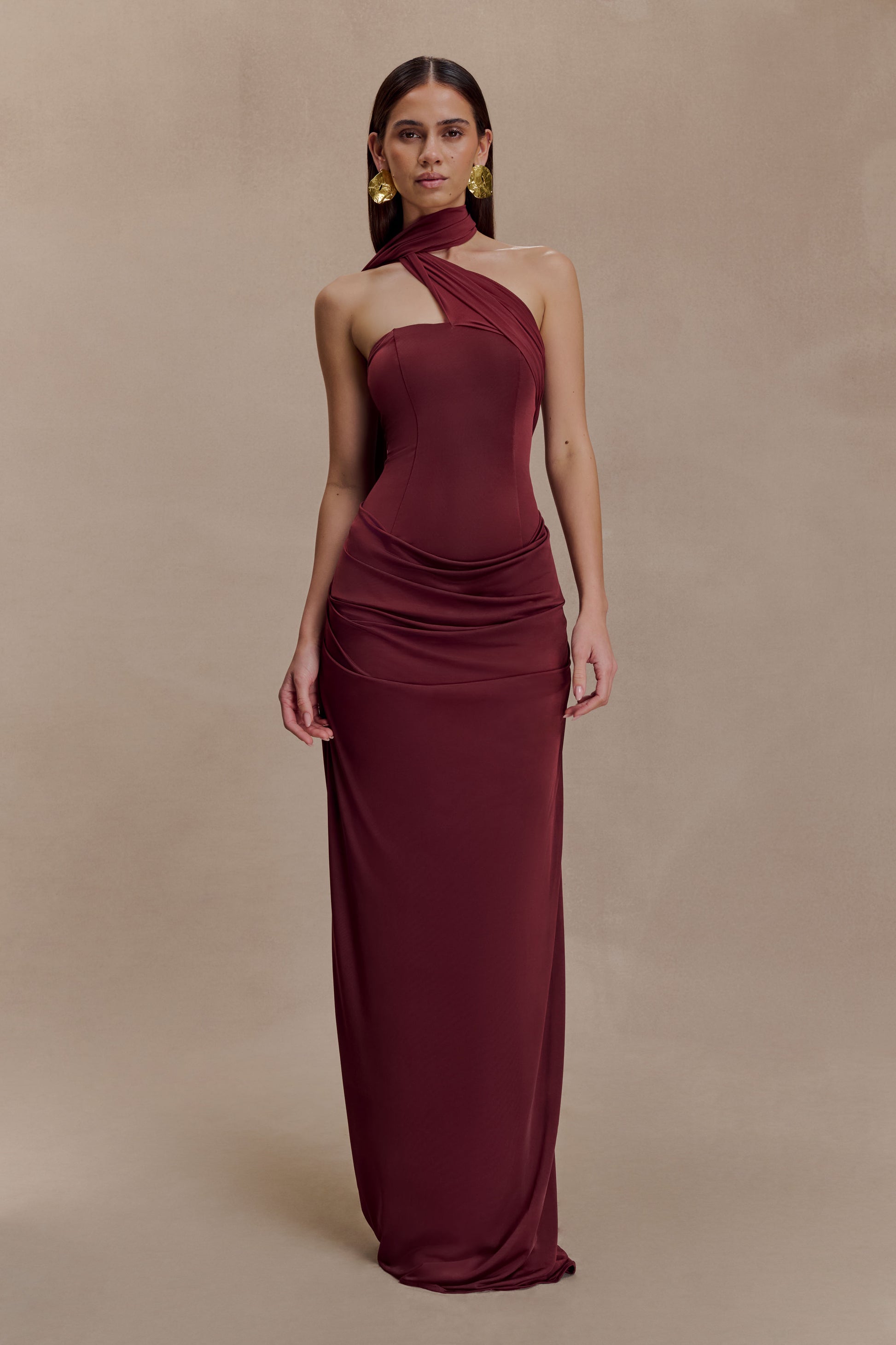Mattea Slinky And Mesh Maxi Dress With Scarf - Burgundy