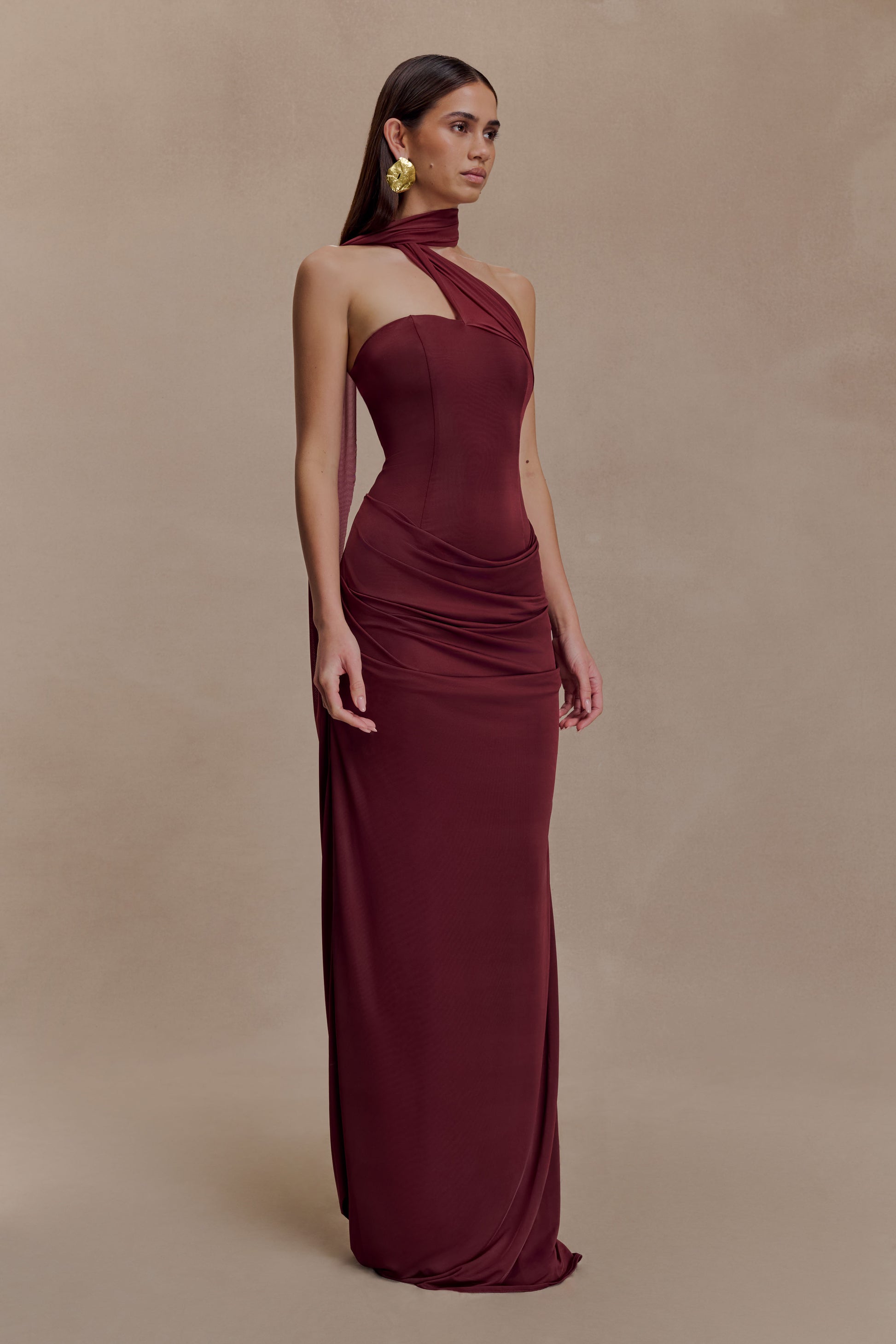 Mattea Slinky And Mesh Maxi Dress With Scarf - Burgundy #3