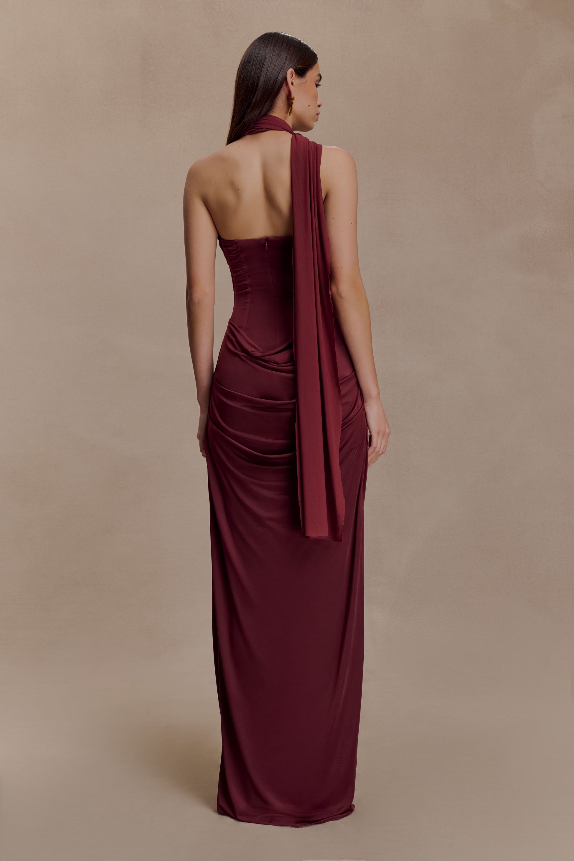 Mattea Slinky And Mesh Maxi Dress With Scarf - Burgundy #2