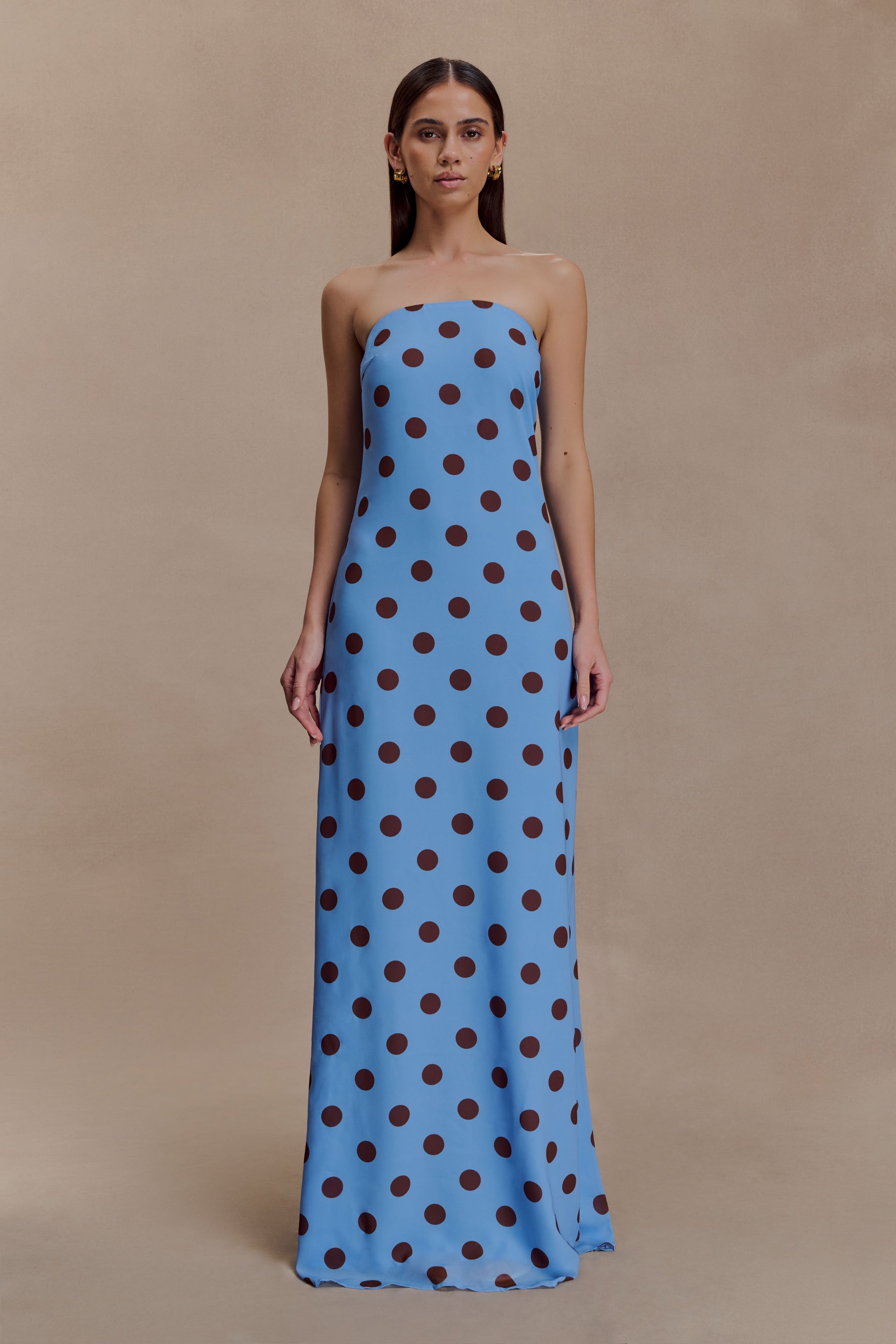 Amaya Strapless Chiffon Maxi Dress - Blue Polka Dot