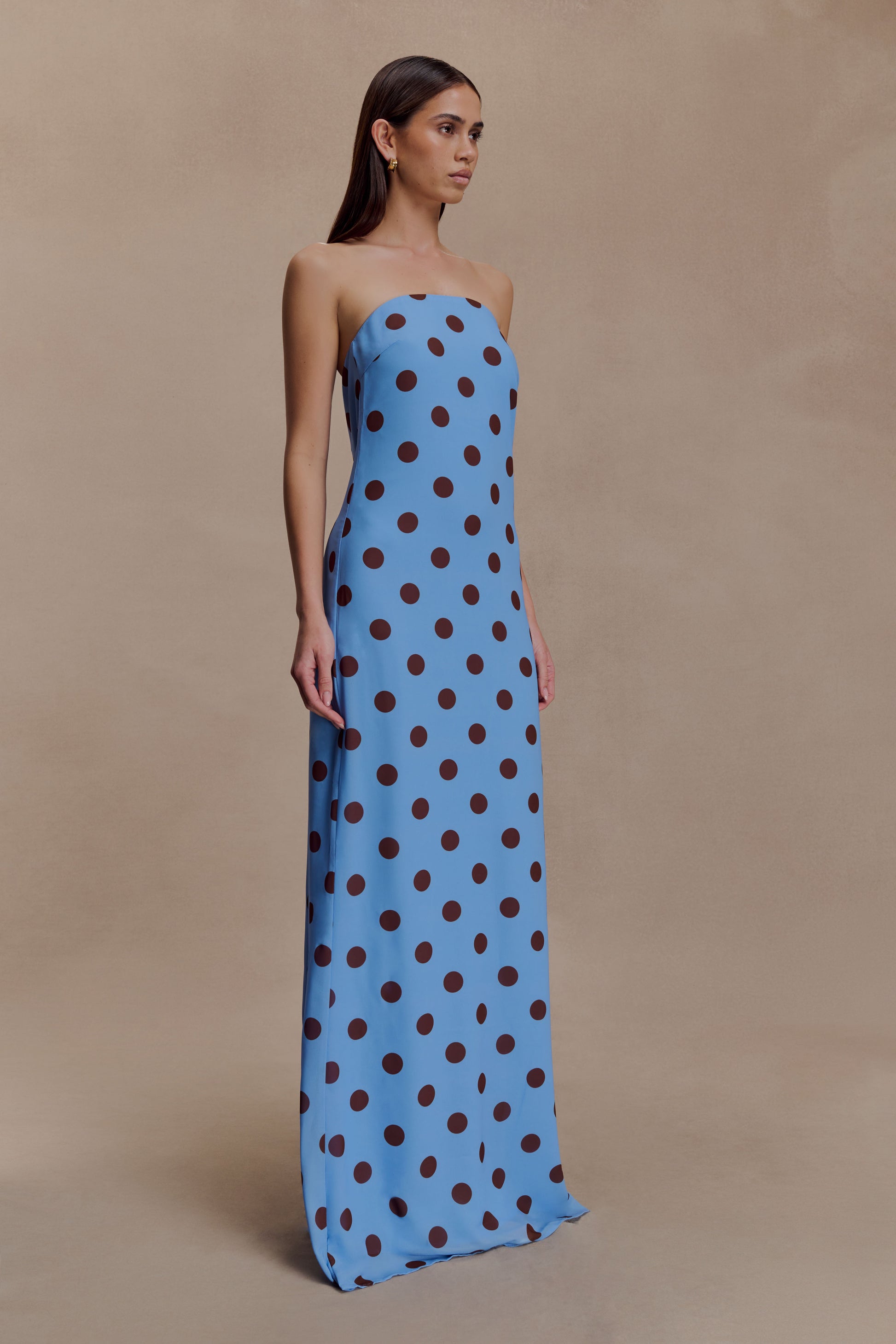 Amaya Strapless Chiffon Maxi Dress - Blue Polka Dot #3