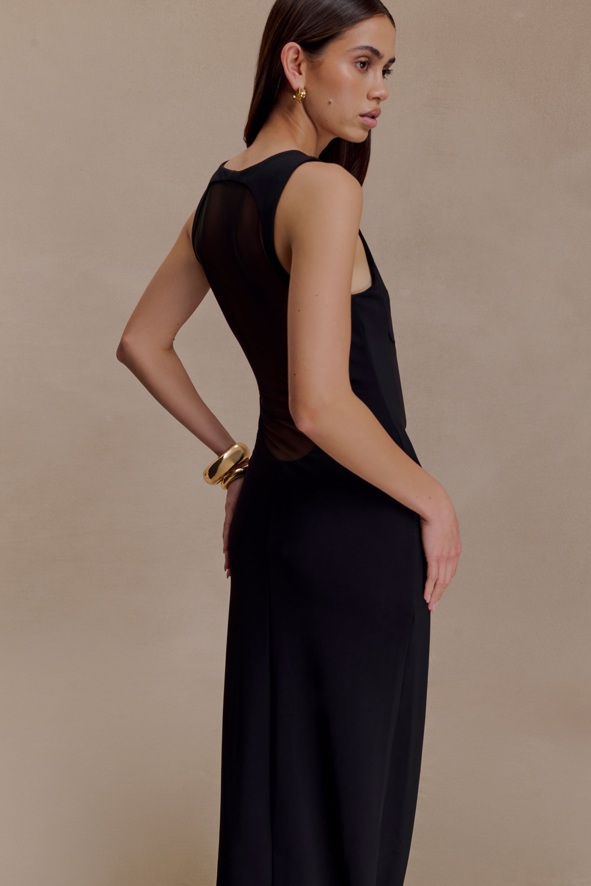 Marlon Crepe And Mesh Maxi Dress - Black #6
