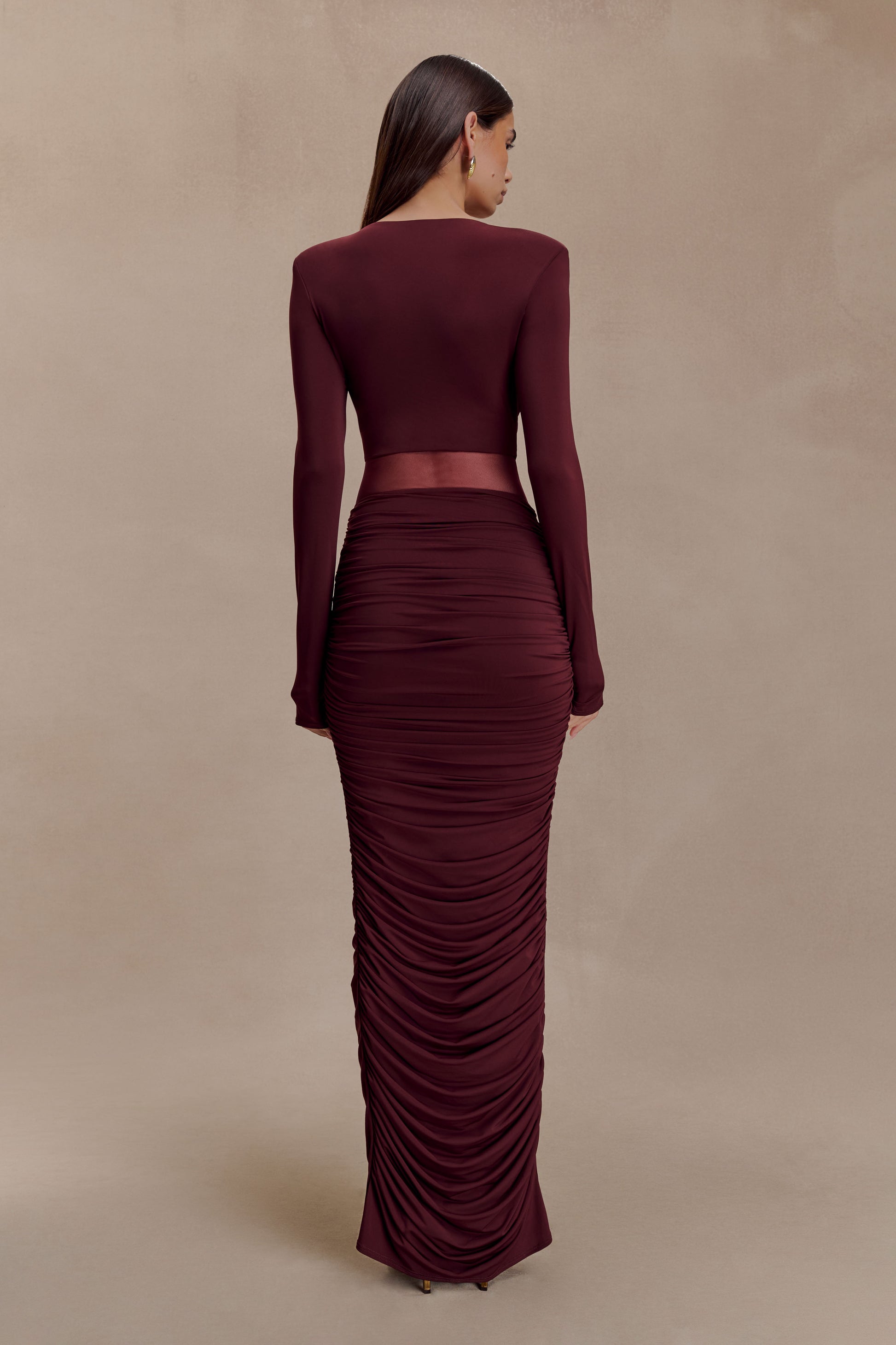 burgundy long sleeve dress Louanne Slinky Long Sleeve Maxi Dress - Burgundy