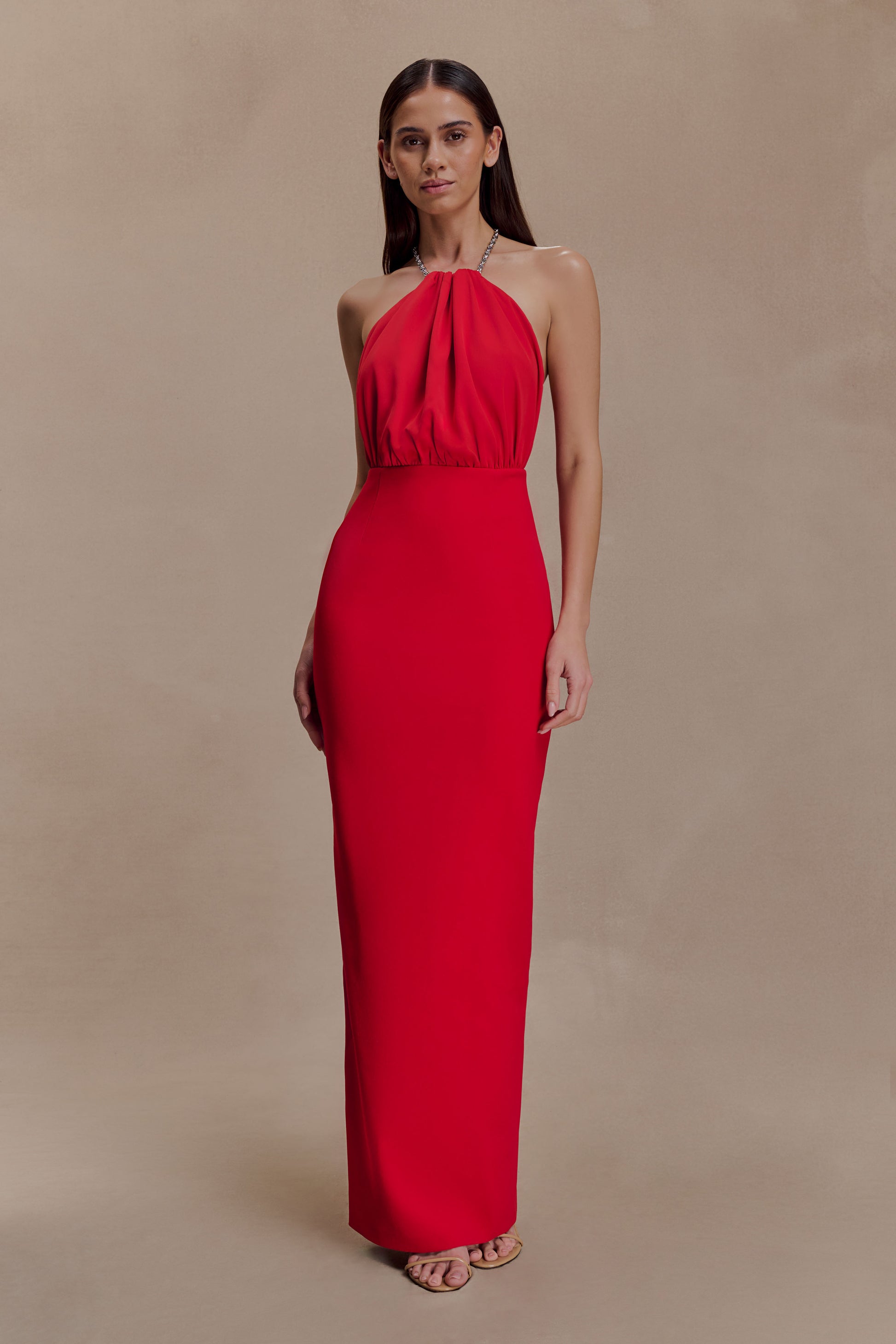 Elina Satin Necklace Maxi Dress - Red