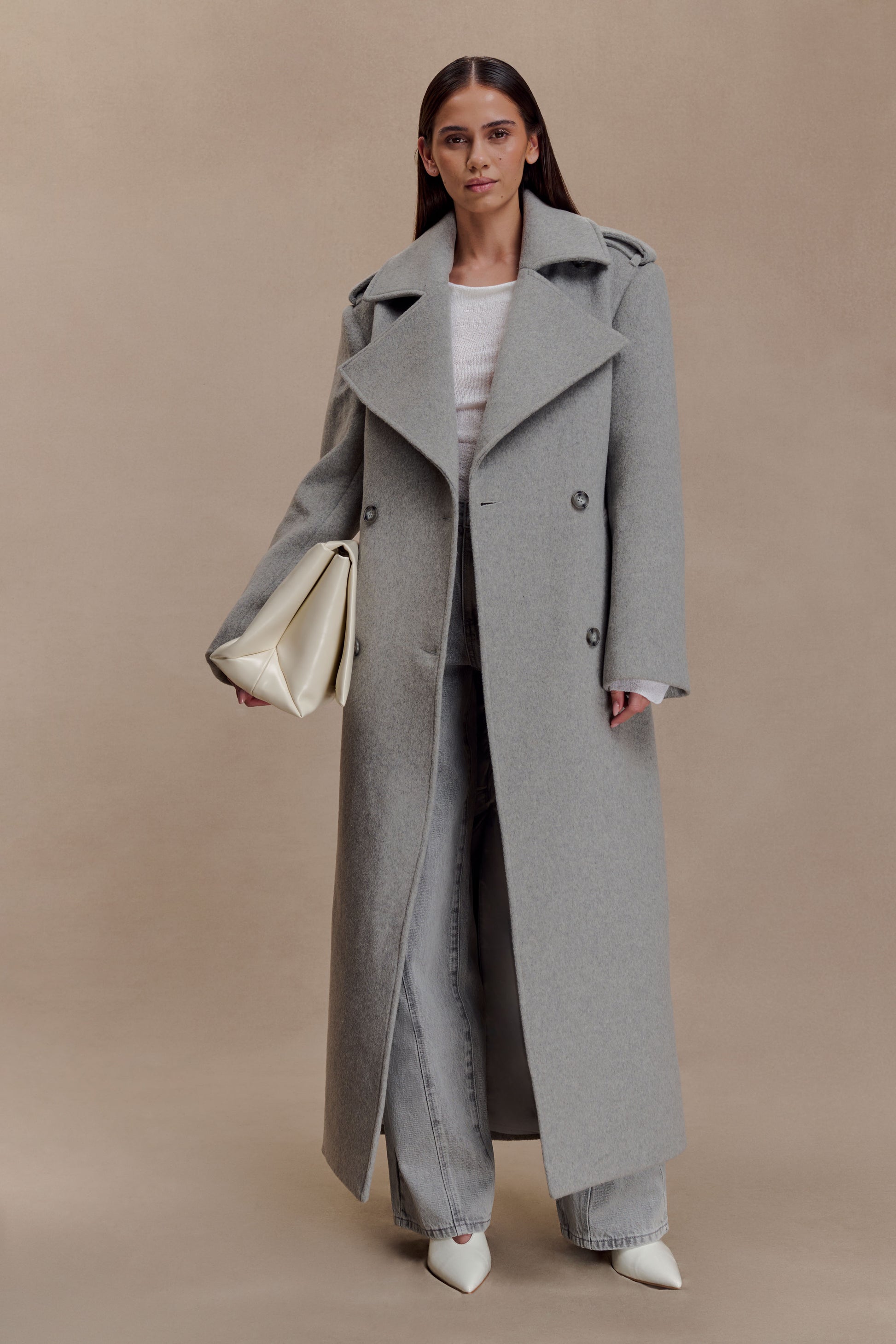 Levi Long Trench Wool Coat - Grey Marle #6