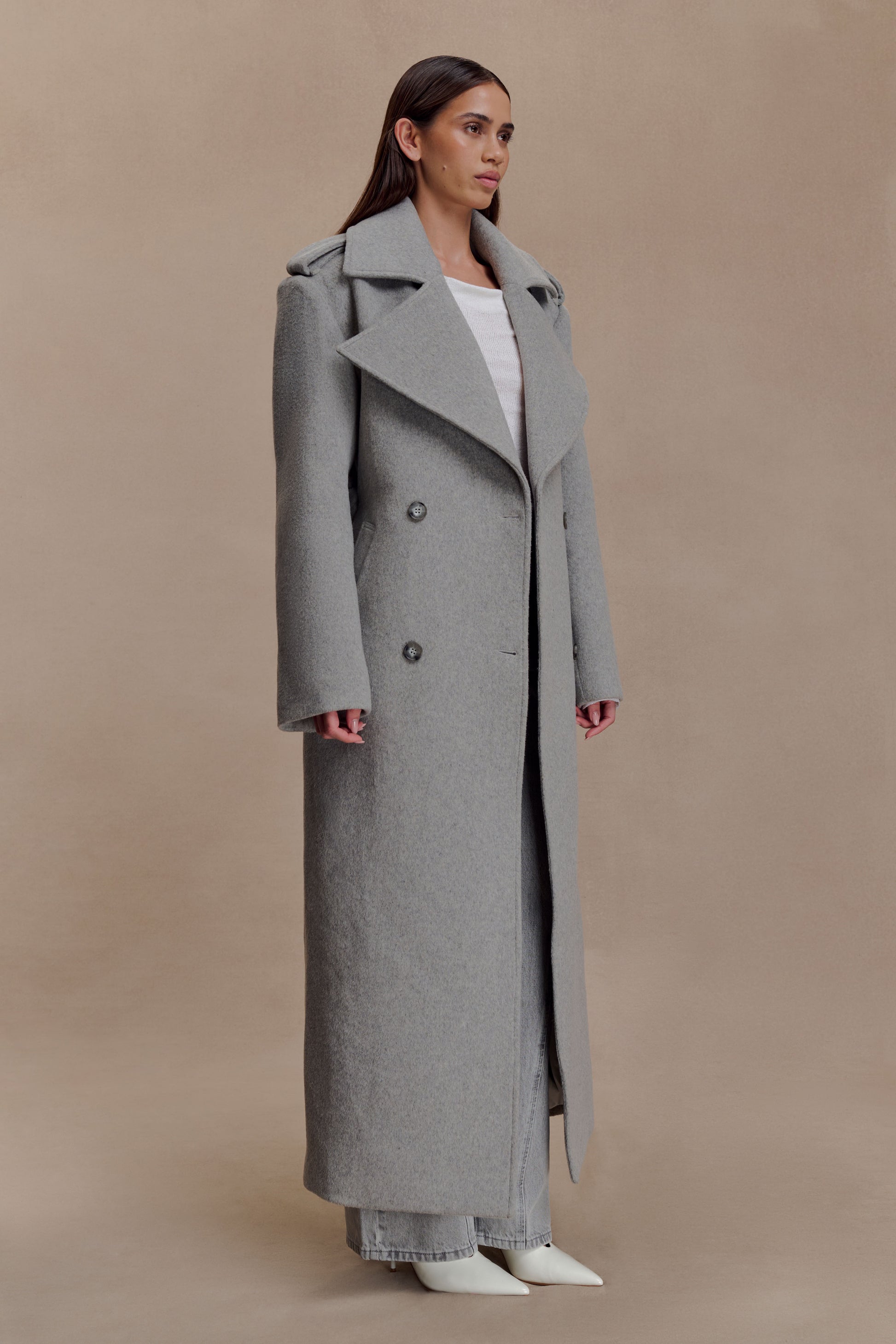 Levi Long Trench Wool Coat - Grey Marle #5