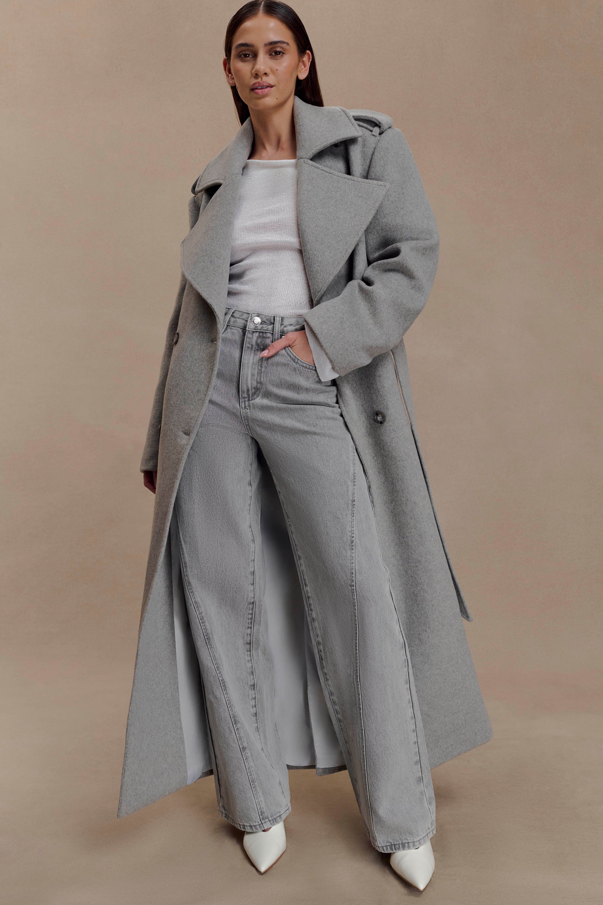 Levi Long Trench Wool Coat - Grey Marle #4