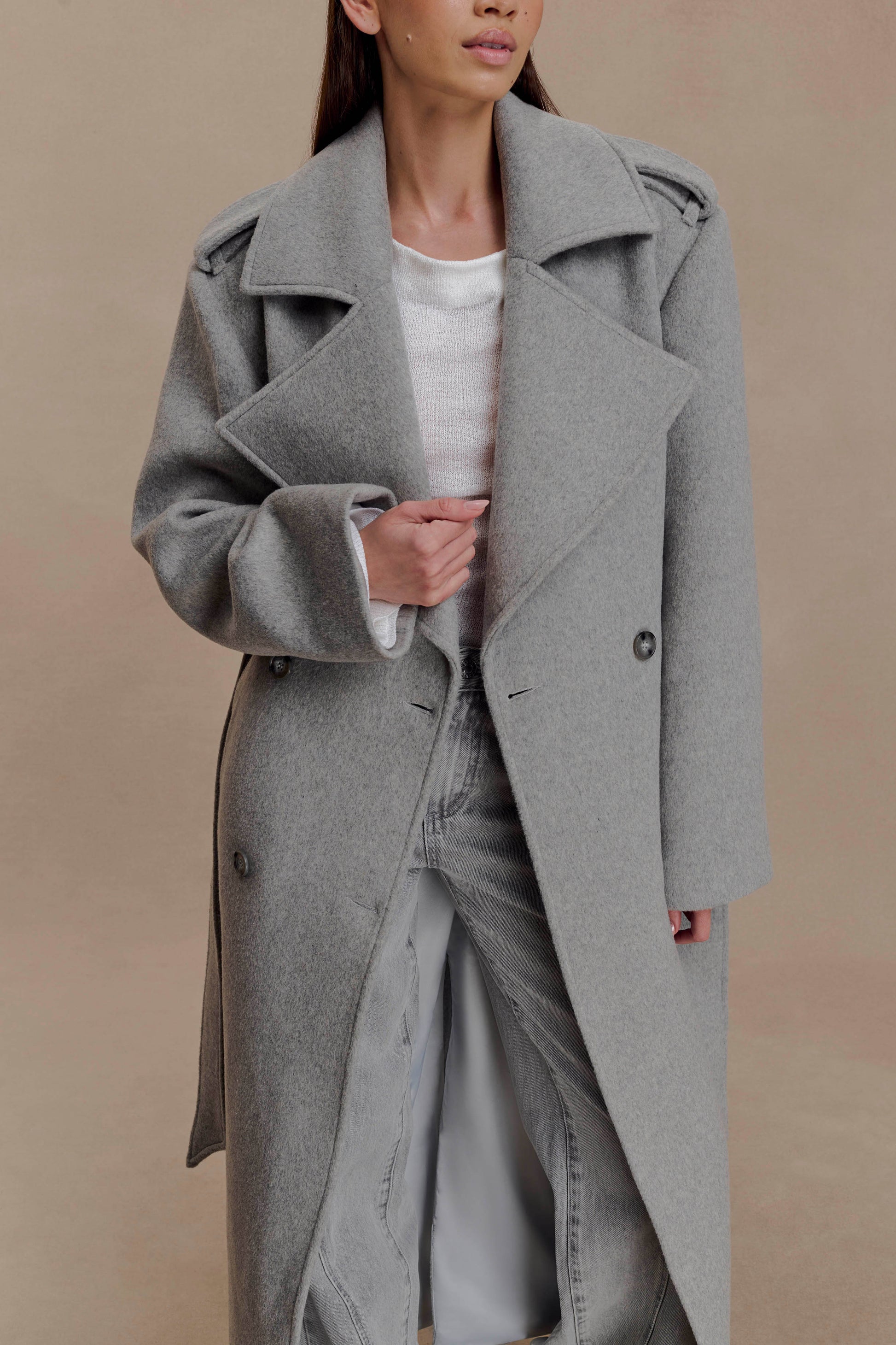 Levi Long Trench Wool Coat - Grey Marle #8