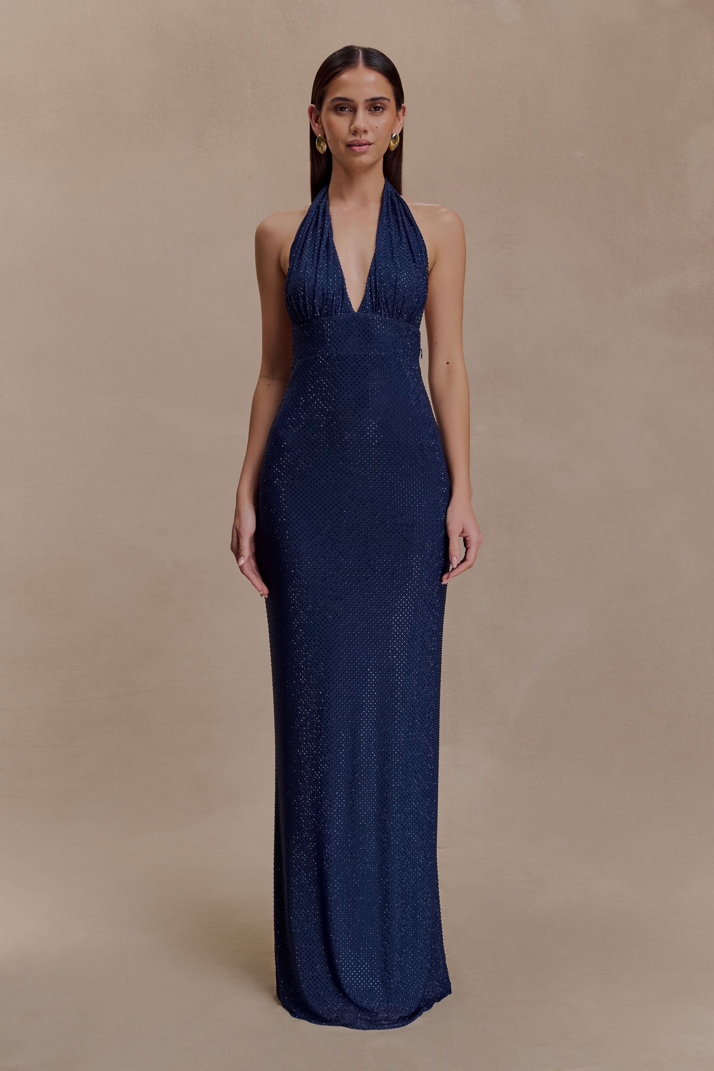 Harriet Halter Neck Diamante Maxi Dress - Navy