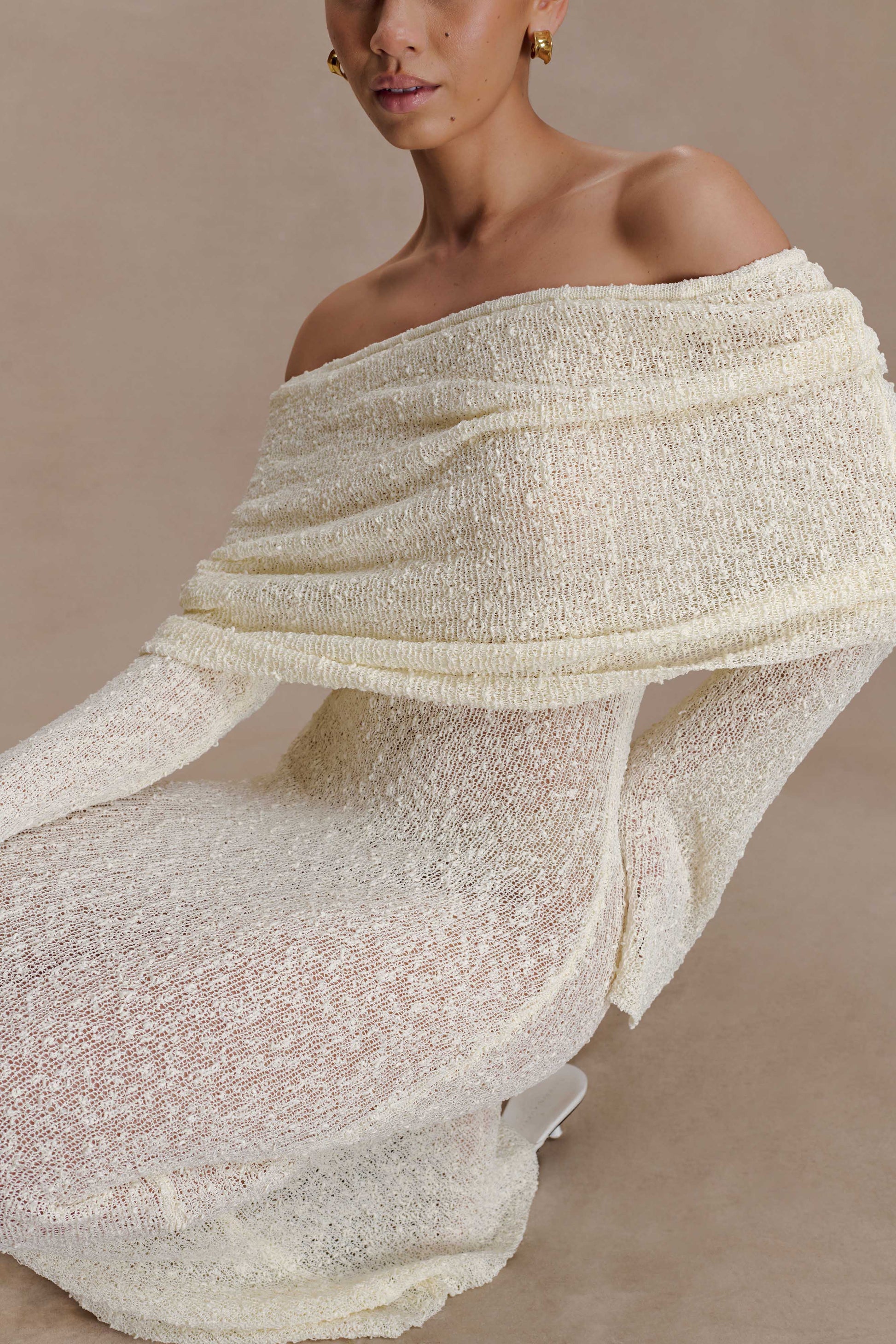 marisol off shoulder boucle maxi dress - ivory Marisol Boucle Off Shoulder Maxi, size 6-10