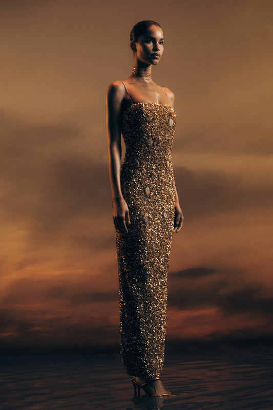 Porter Hand Beaded Midi Dress - Gold