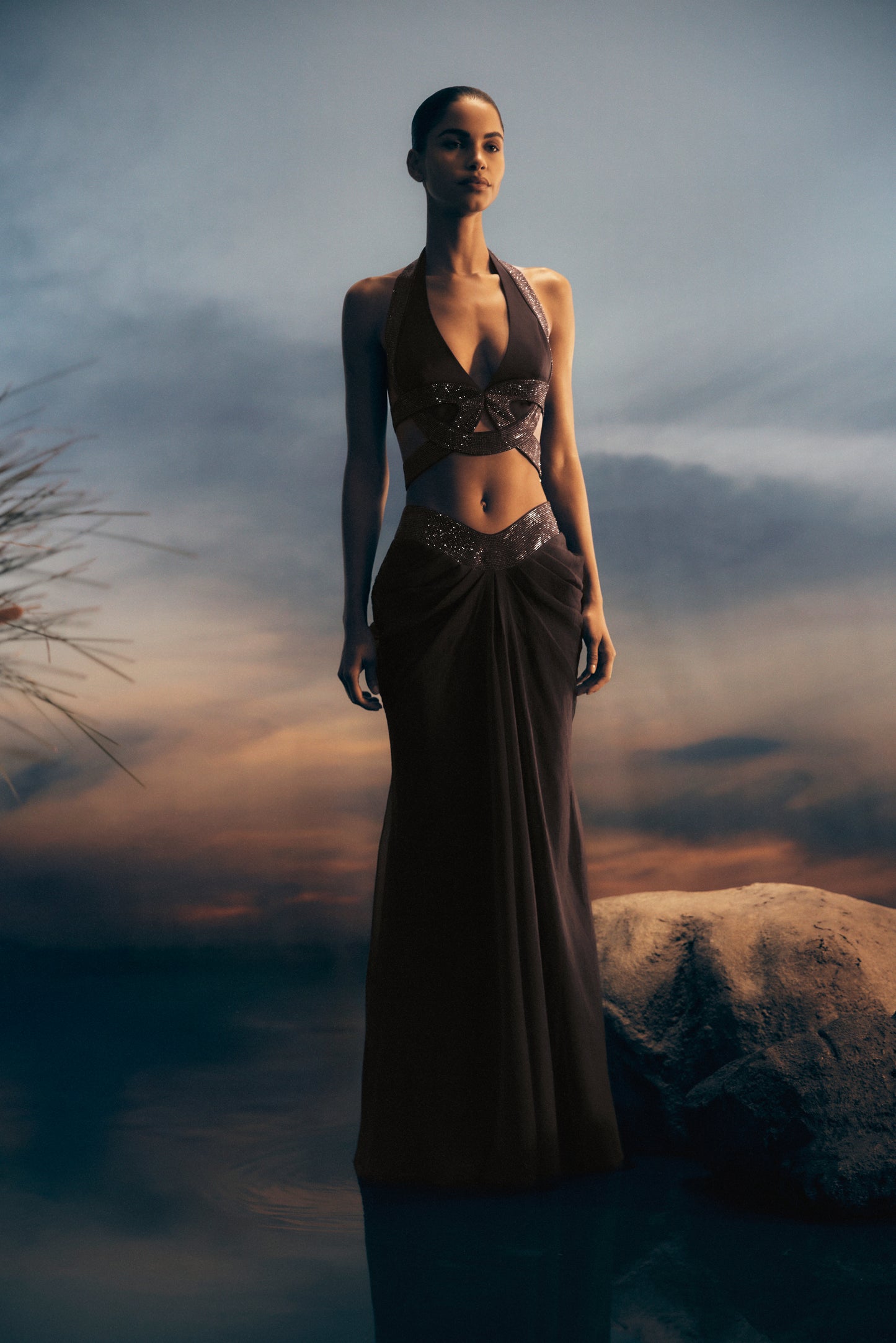 Siren Satin And Diamante Maxi Skirt - Dark Chocolate