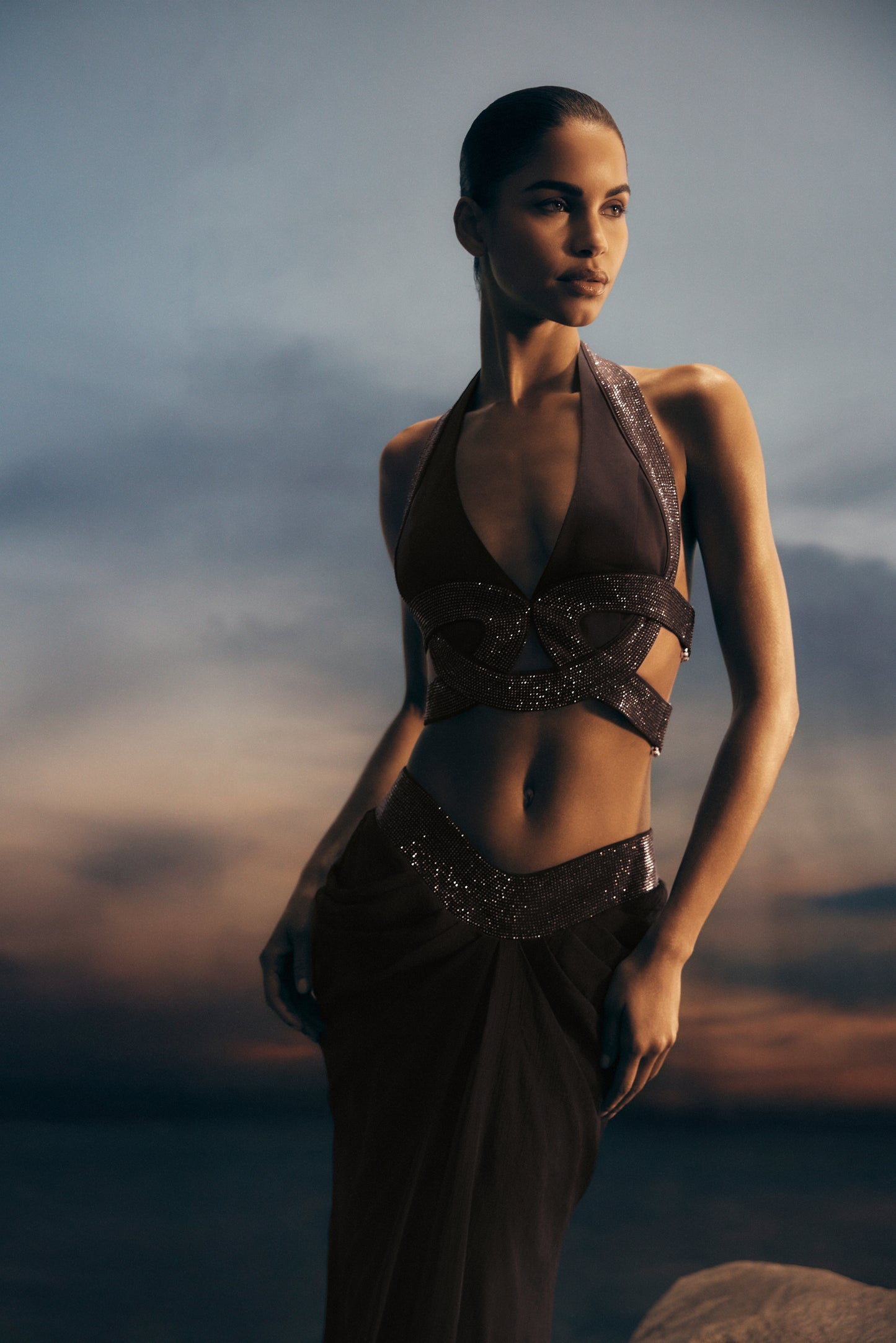 Siren Satin And Diamante Halter Top - Dark Chocolate