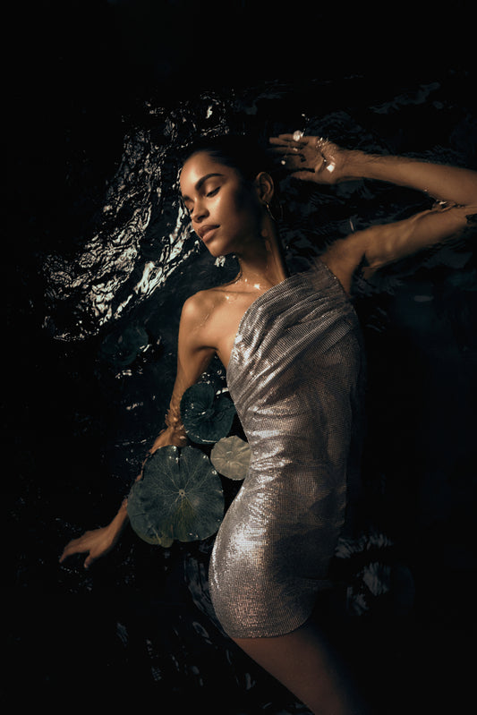 Lyle One Shoulder Glow Mesh Mini Dress - Silver