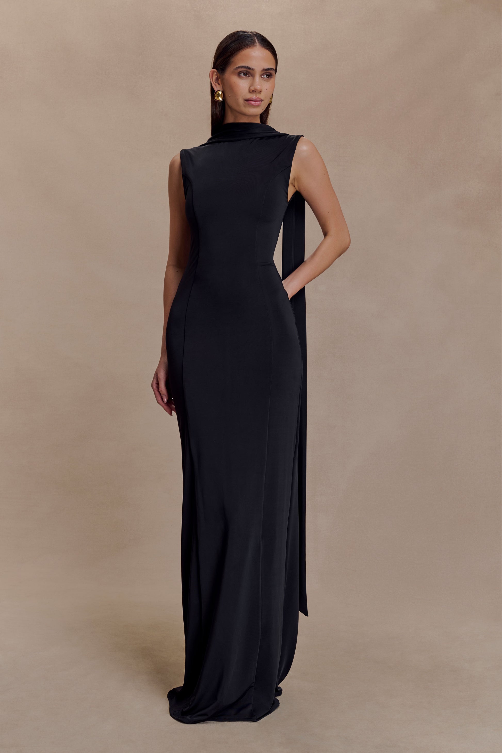 Wisteria Slinky Maxi Dress With Scarf - Black #6