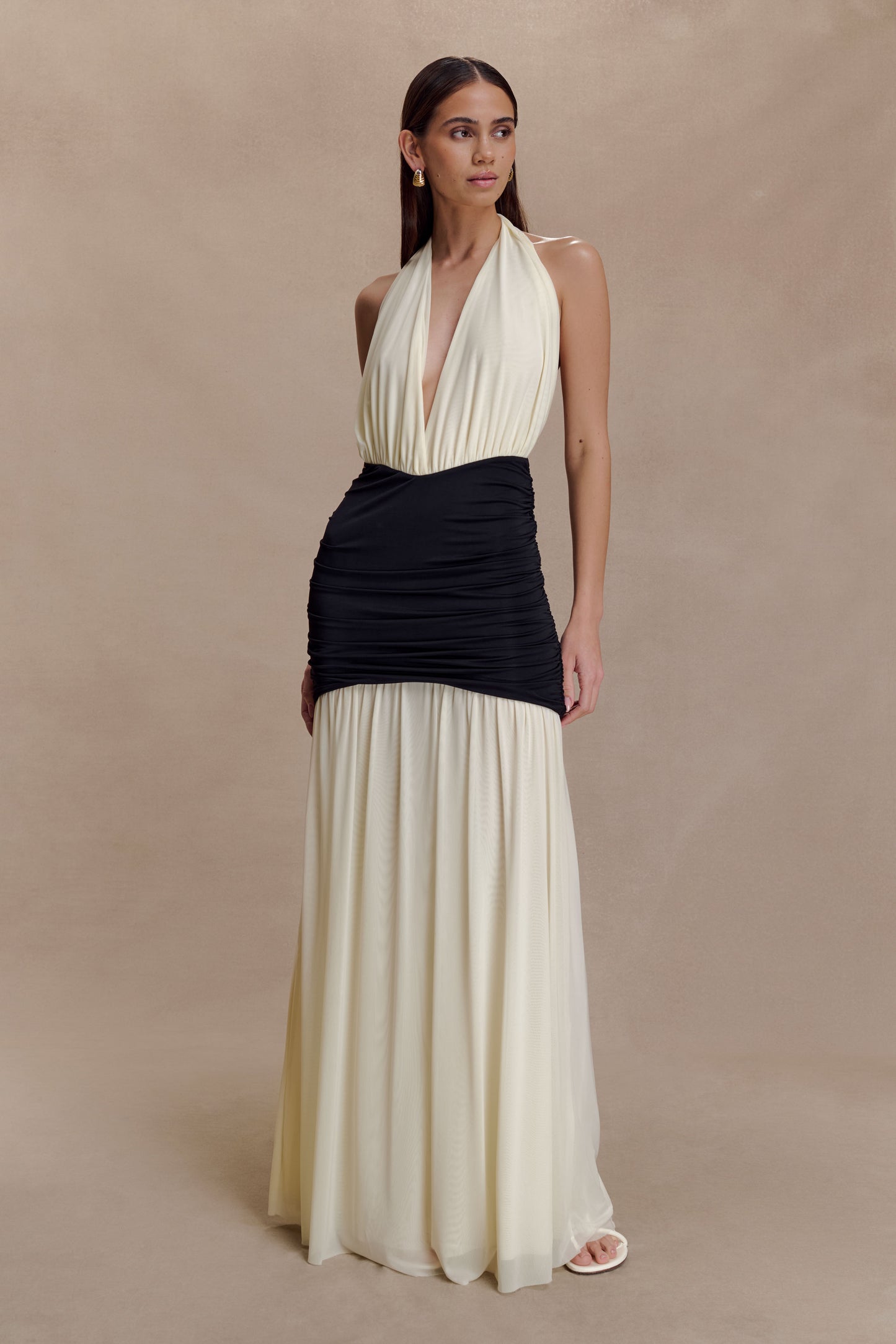 Hailee Slinky And Mesh Halter Maxi Dress - Black/White