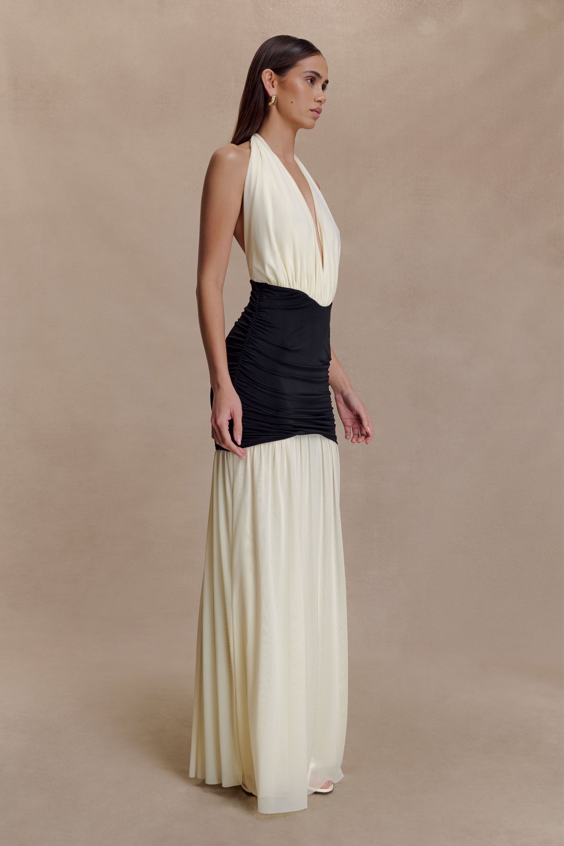 Hailee Slinky And Mesh Halter Maxi Dress - Black/White #4