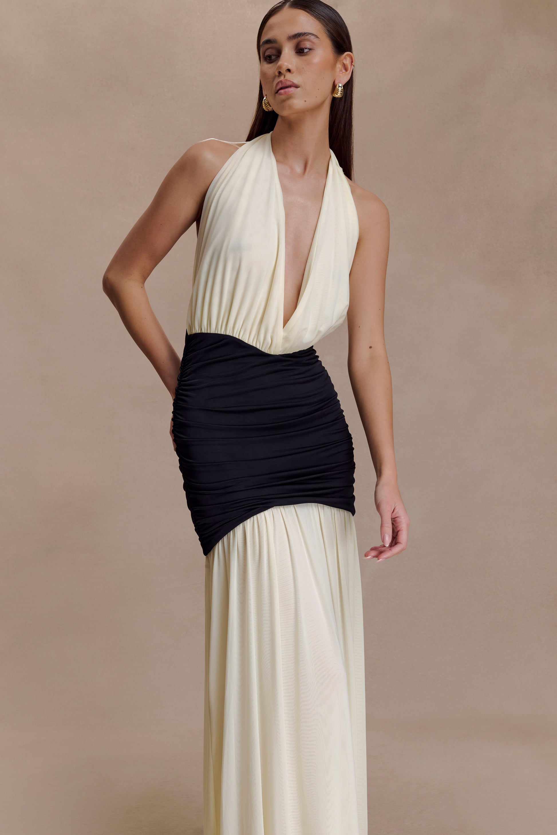 Hailee Slinky And Mesh Halter Maxi Dress - Black/White #5