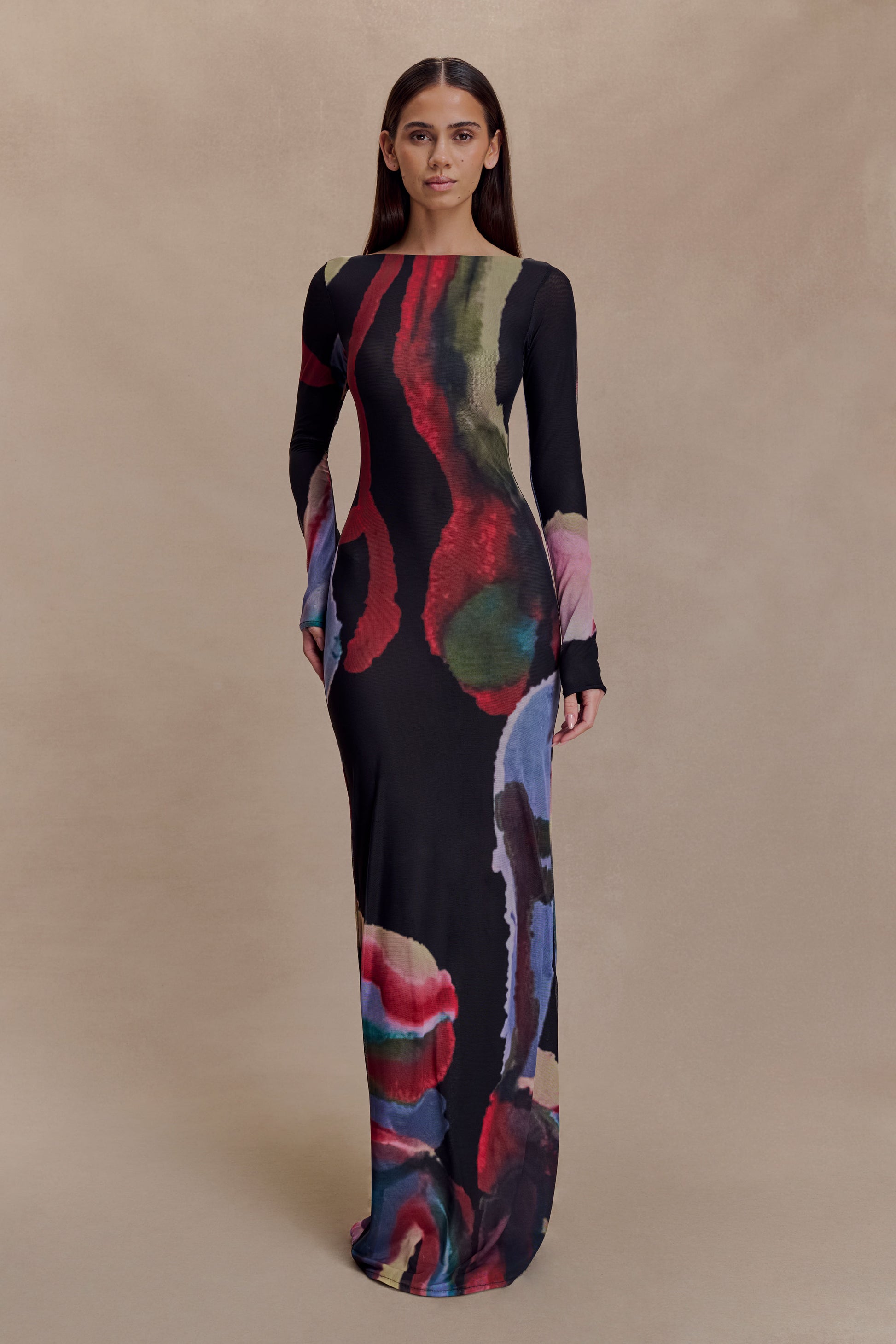 Soraya Long Sleeve Mesh Maxi Dress - Multi Fluid Reverie Print #3