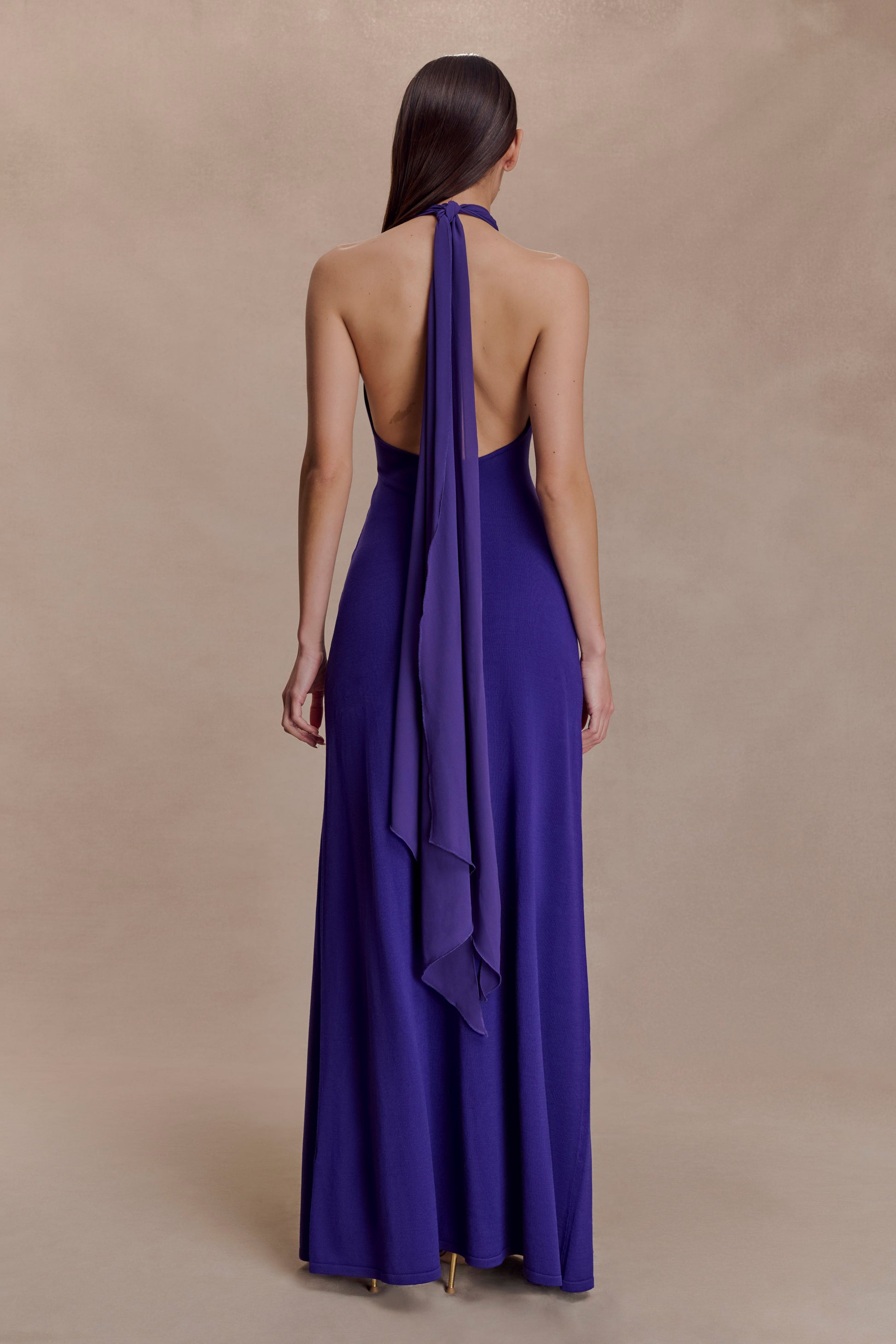 Ozias Halter Semi Sheer Knit Maxi Dress - Deep Purple | MESHKI Ozias Halter Semi Sheer Knit Maxi Dress - Deep Purple | MESHKI