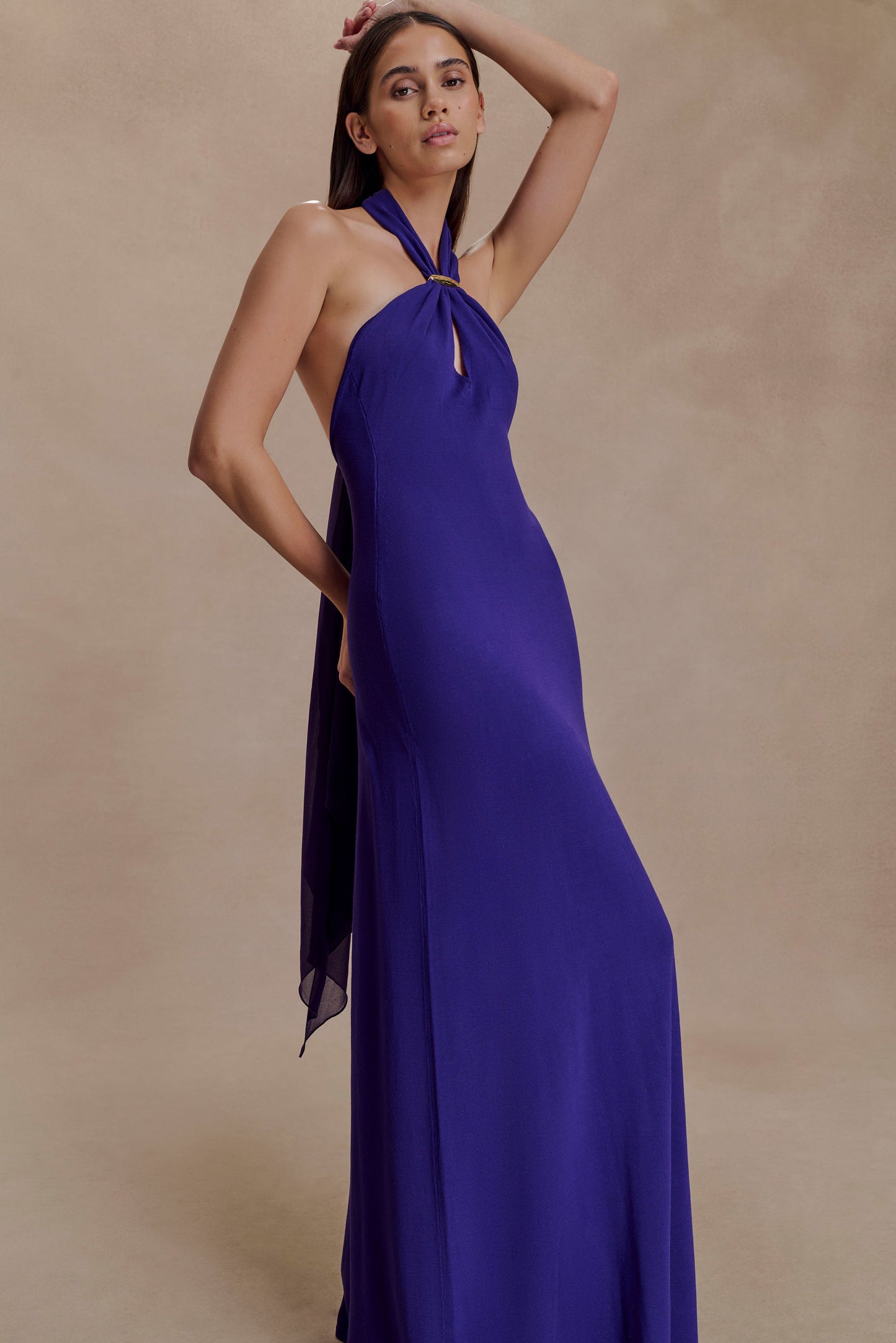 Ozias Halter Semi Sheer Knit Maxi Dress - Deep Purple