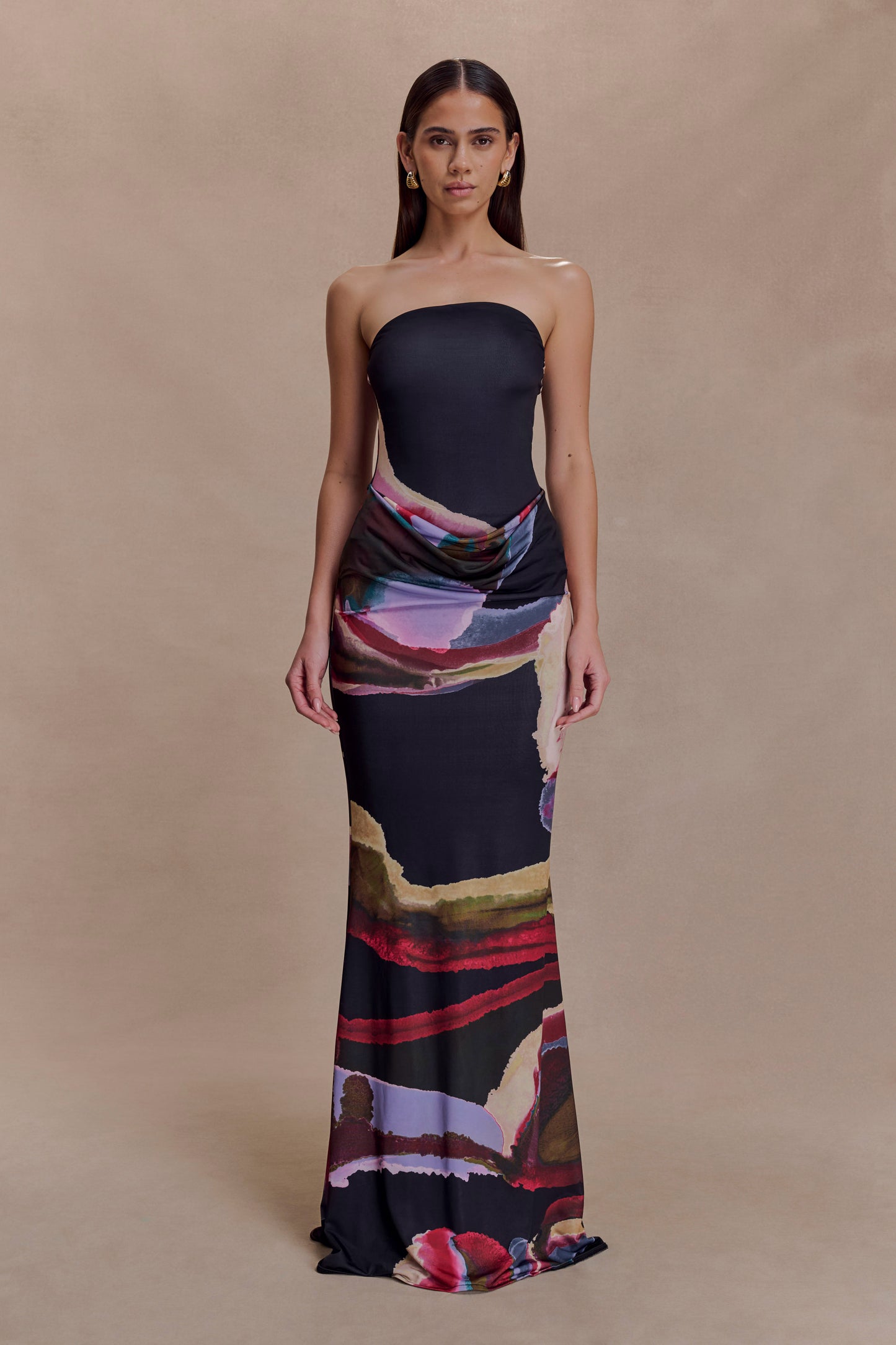 Madison Strapless Slinky Maxi Dress - Multi Fluid Reverie Print