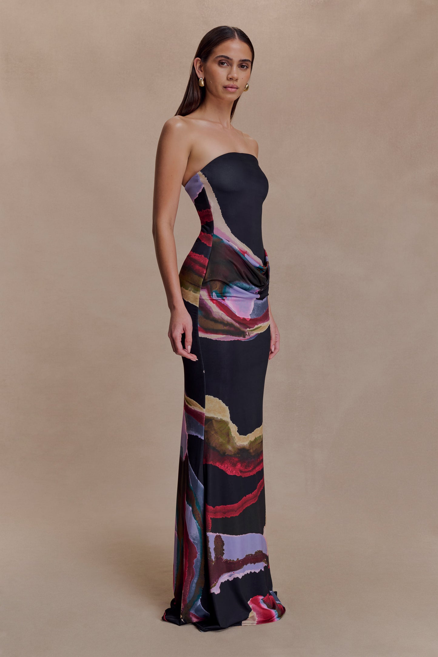 Madison Strapless Slinky Maxi Dress - Multi Fluid Reverie Print