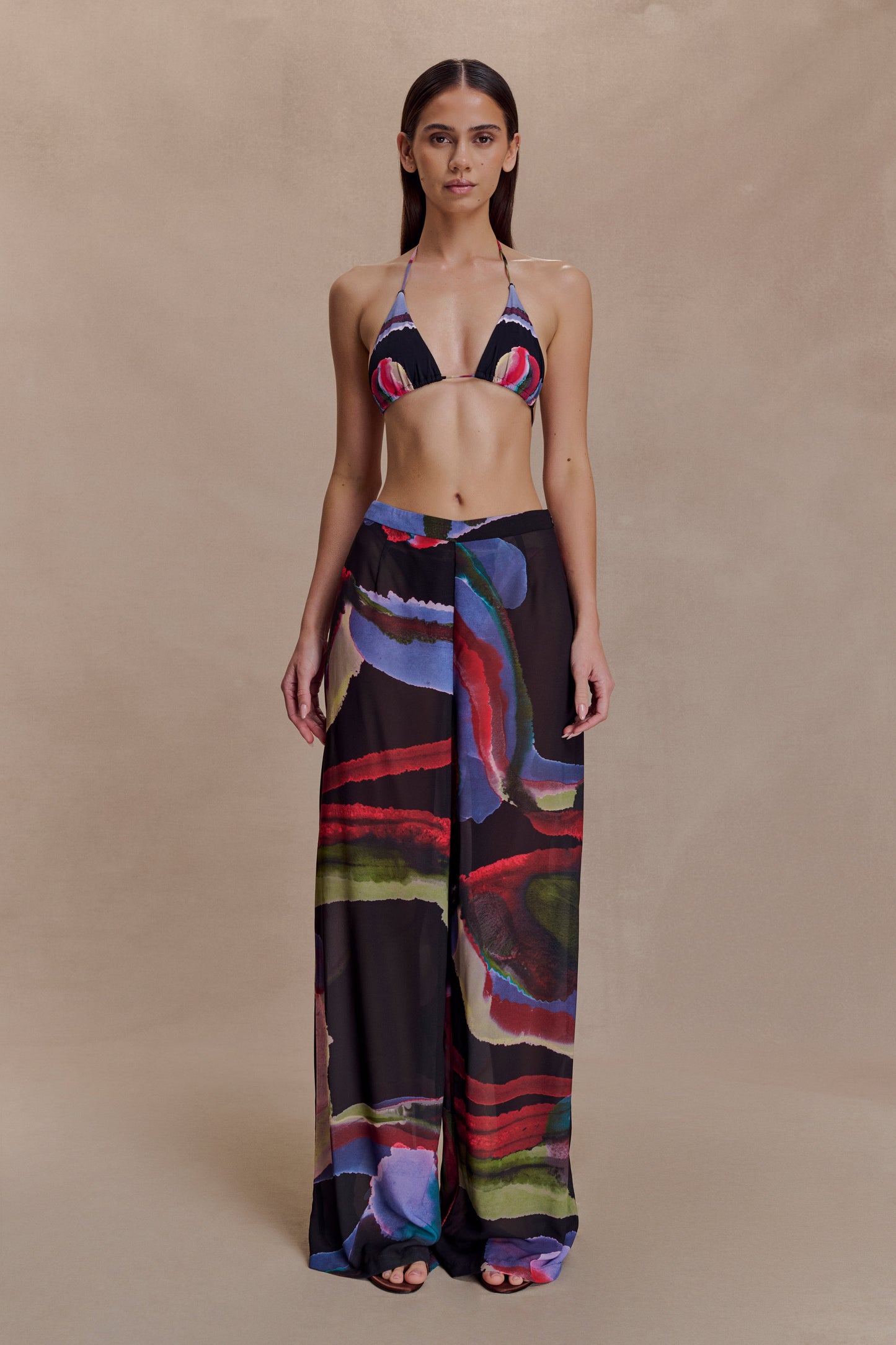 Rachel Chiffon Straight Leg Pants - Multi Fluid Reverie Print