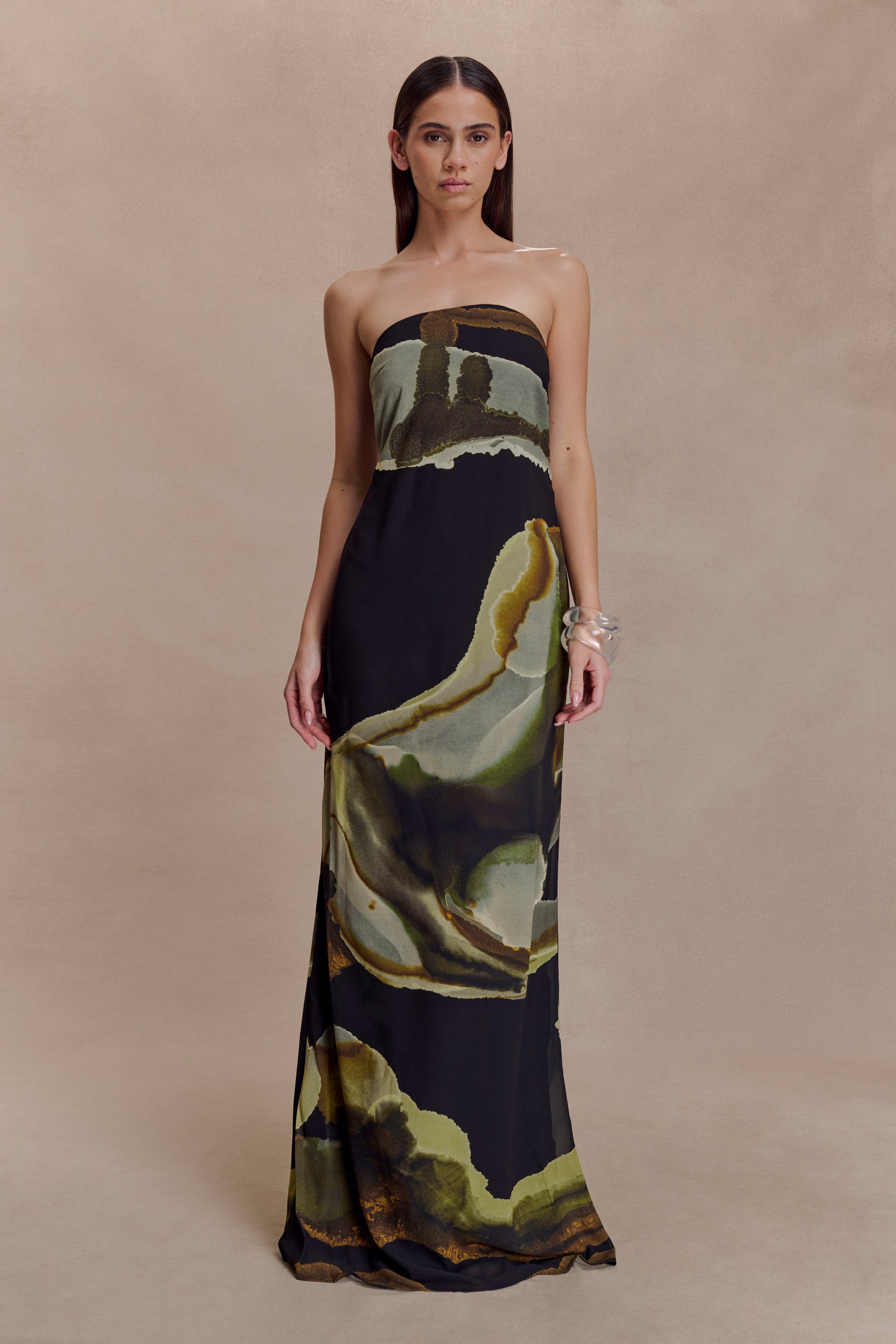 Amaya Strapless Chiffon Maxi Dress - Green Fluid Reverie Print