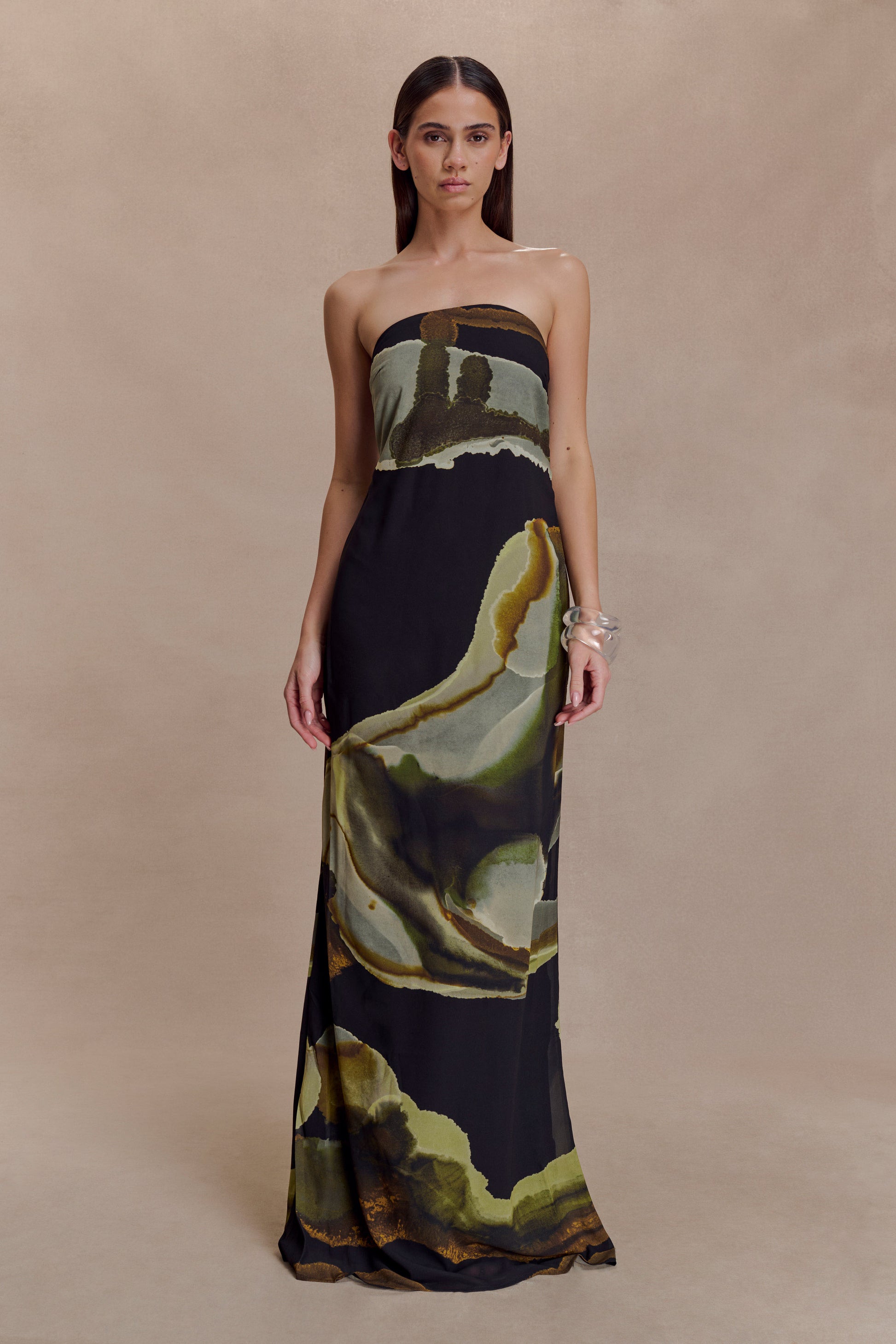 Amaya Strapless Chiffon Maxi Dress - Green Fluid Reverie Print