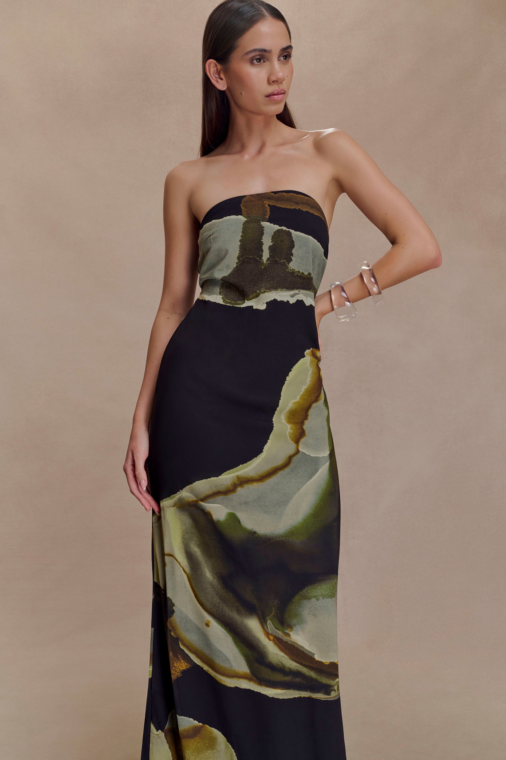 Amaya Strapless Chiffon Maxi Dress - Green Fluid Reverie Print #3