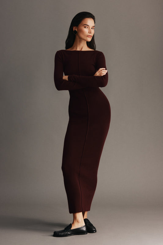 Cleona Merino Wool Ribbed Long Sleeve Maxi Dress - Deep Chocolate