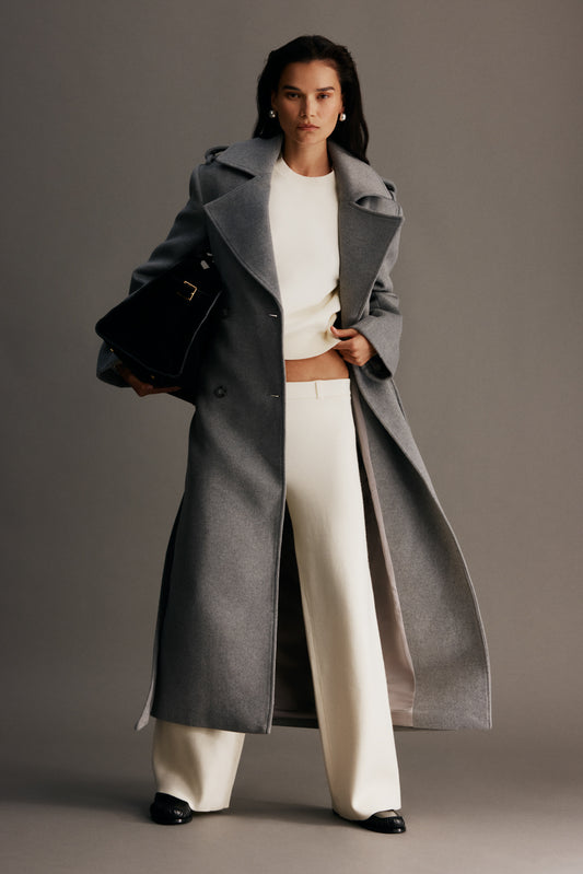 Levi Long Trench Wool Coat - Grey Marle