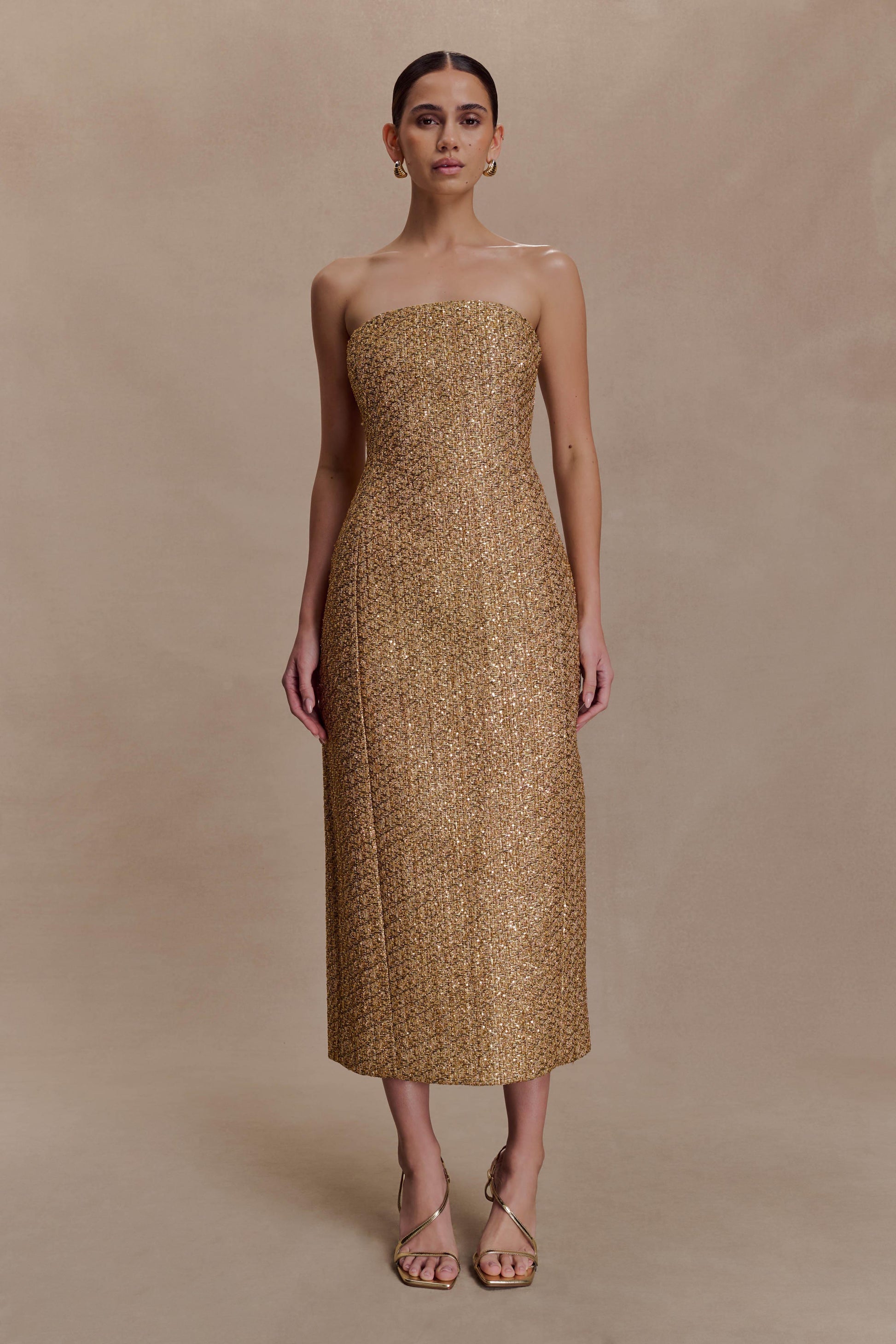 Gala Strapless Tweed Midi Dress - Gold #5