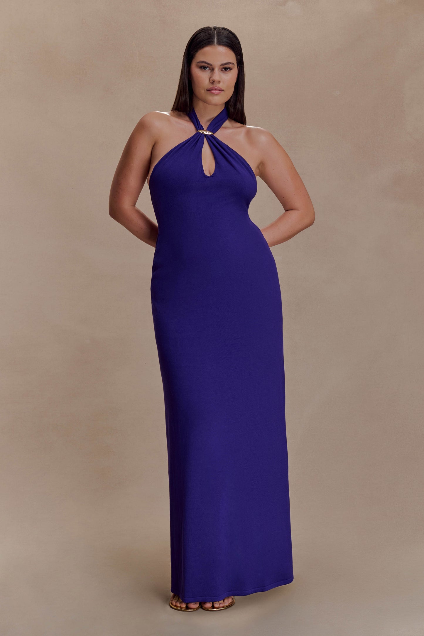 Ozias Halter Semi Sheer Knit Maxi Dress - Deep Purple