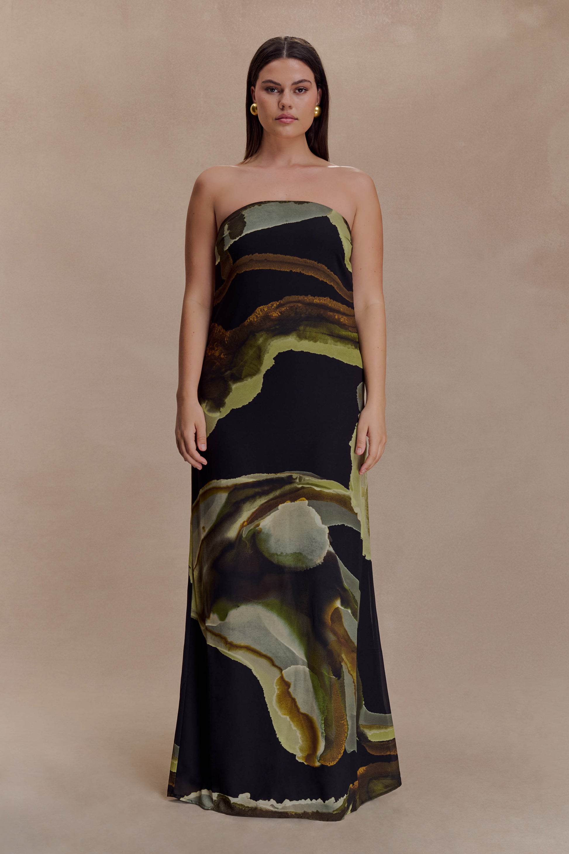 Amaya Strapless Chiffon Maxi Dress - Green Fluid Reverie Print #6