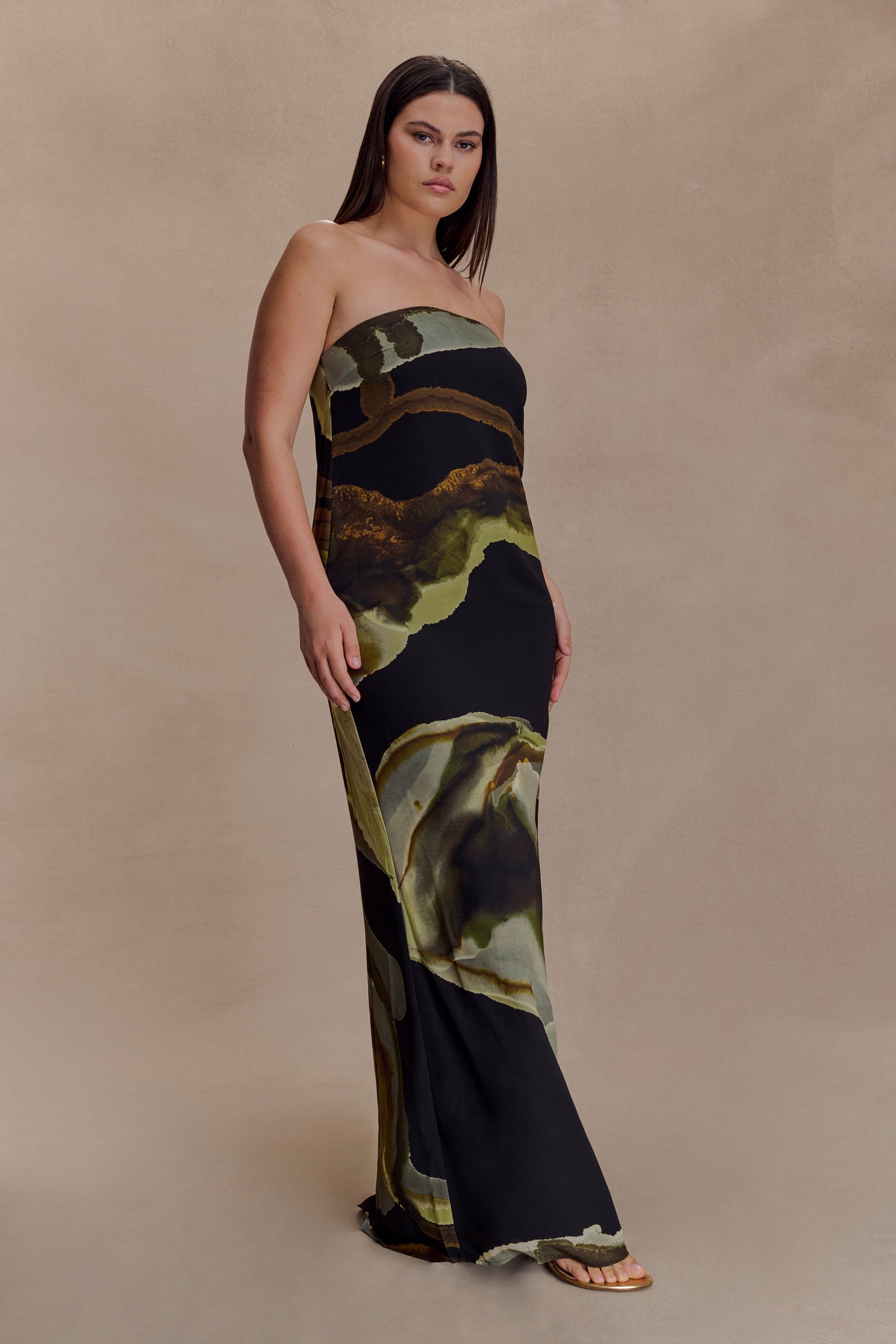 Amaya Strapless Chiffon Maxi Dress - Green Fluid Reverie Print