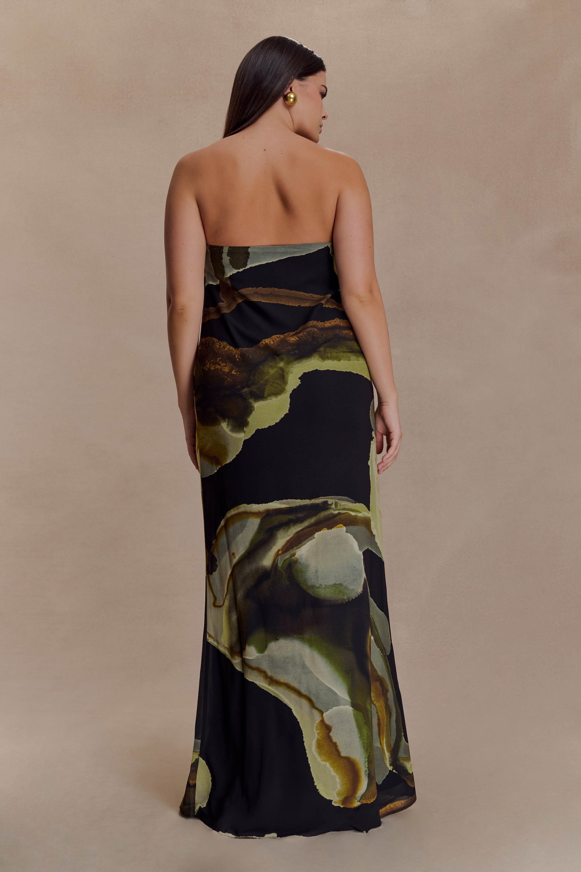 Amaya Strapless Chiffon Maxi Dress - Green Fluid Reverie Print | MESHKI Amaya Strapless Chiffon Maxi Dress - Green Fluid Reverie Print | MESHKI
