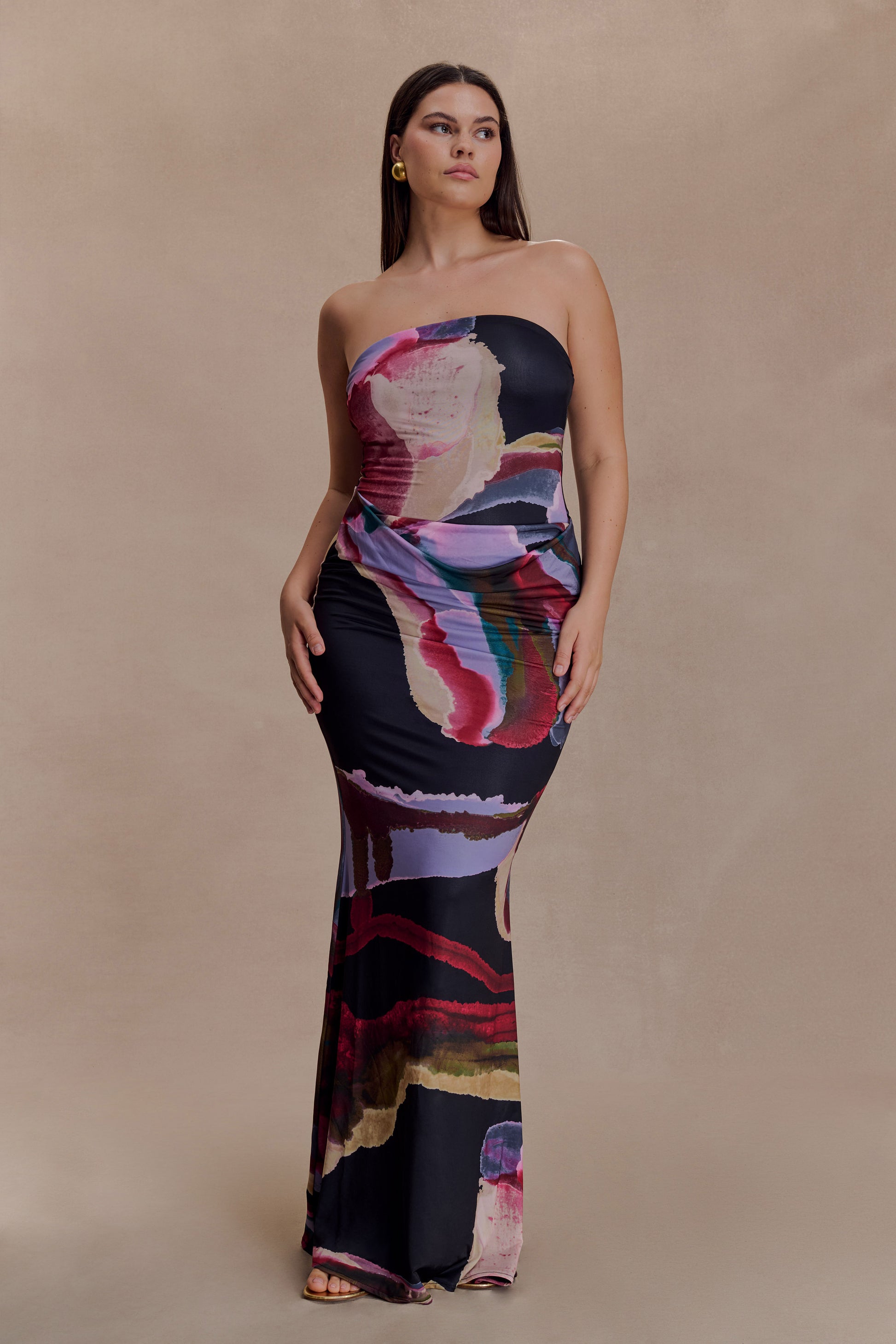 Madison Strapless Slinky Maxi Dress - Multi Fluid Reverie Print #9