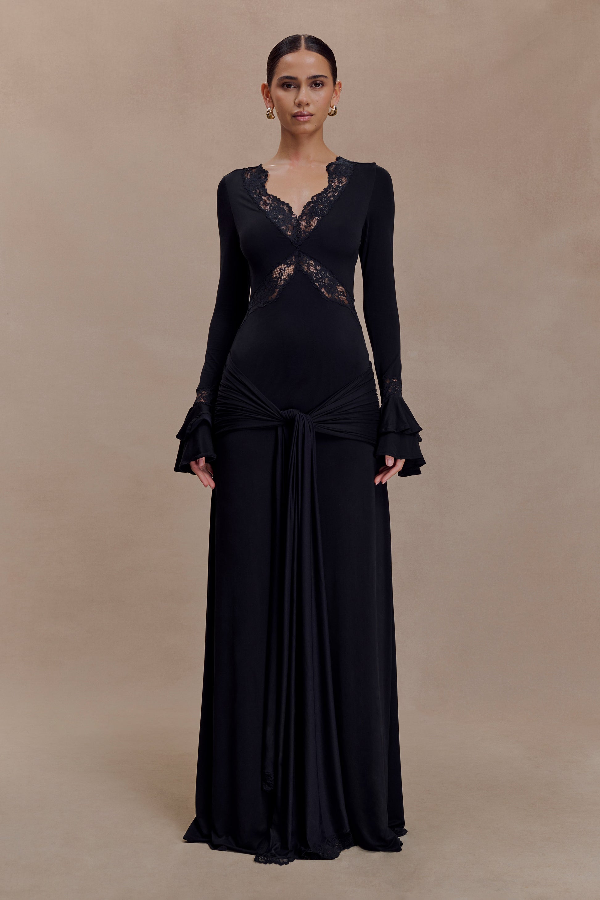Electra Slinky Lace Maxi Dress - Black