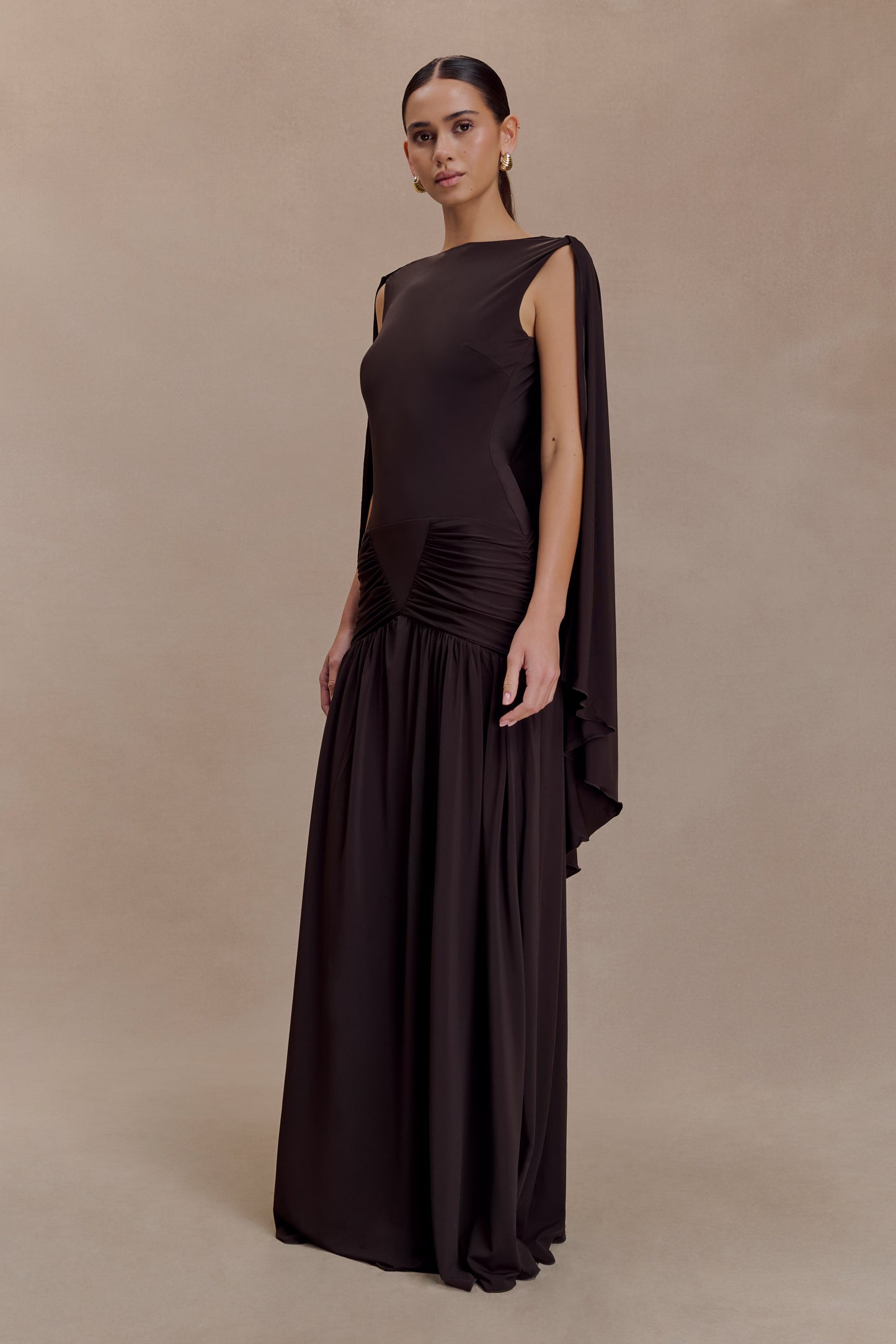 Emory Jersey Cape Maxi Dress - Chocolate