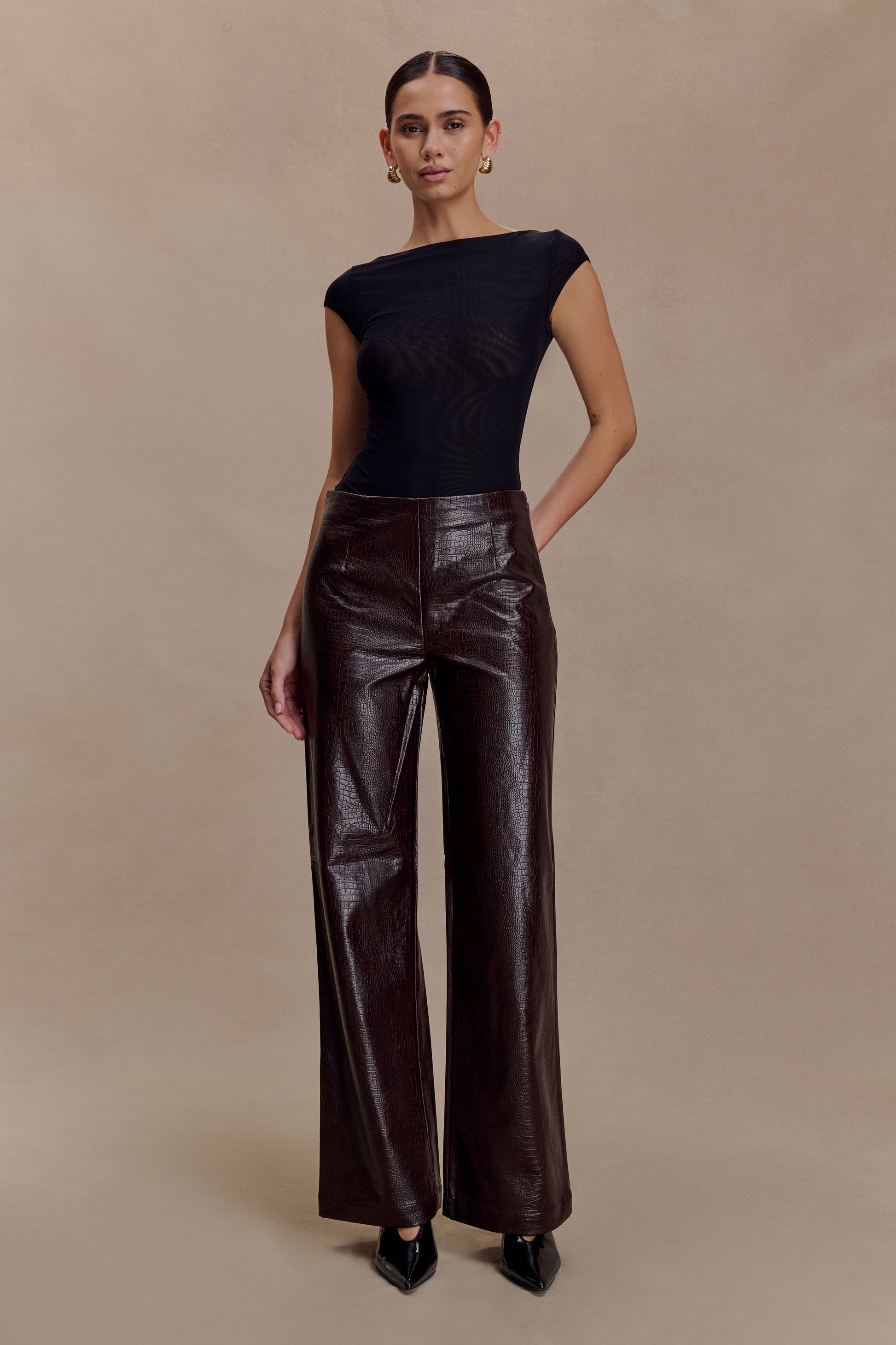 Henry Croc Faux Leather Straight Leg Pants - Dark Chocolate #8