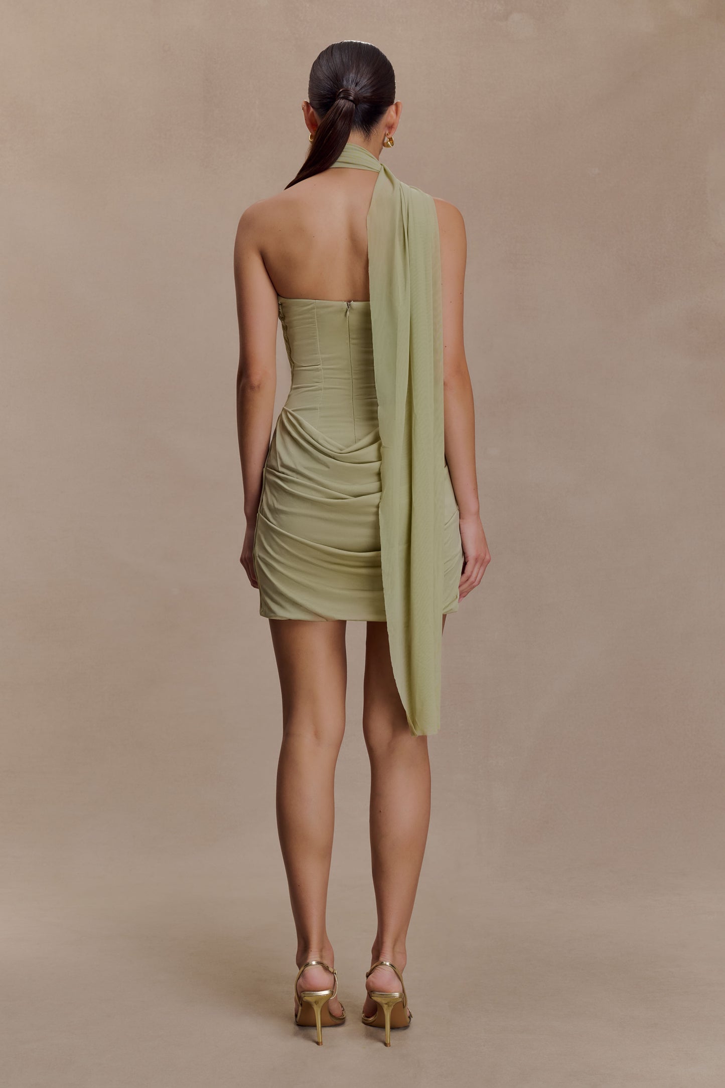 Mattea Slinky And Mesh Mini Dress With Scarf - Sage