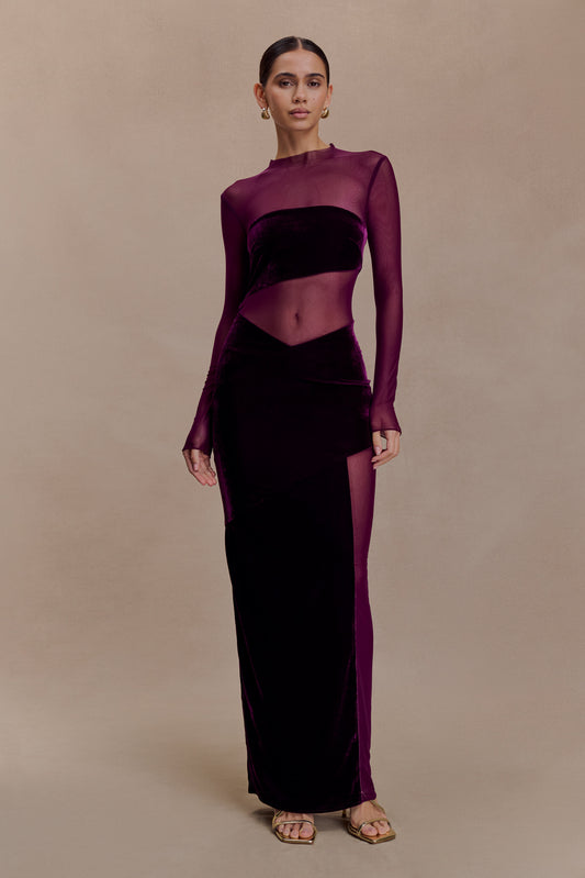 Davina Velvet And Mesh Maxi Dress - Purple