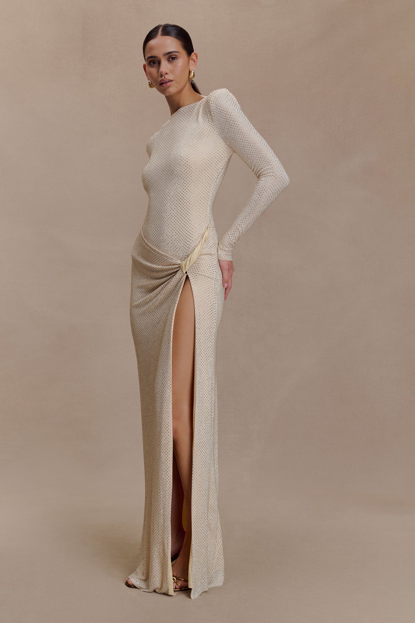 Deanna Long Sleeve Diamante Maxi Dress - Gold