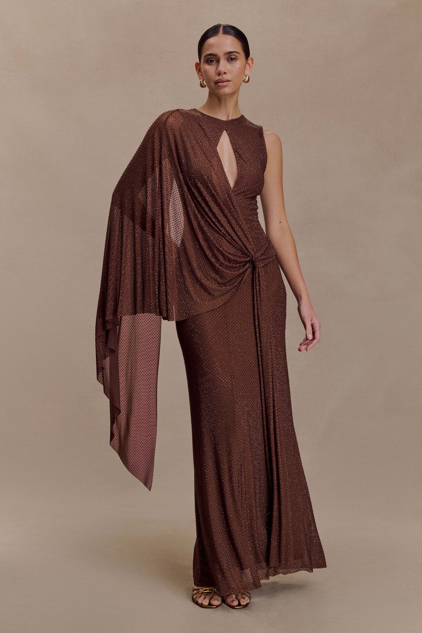 Bakari Diamante Cape Maxi Dress - Chocolate