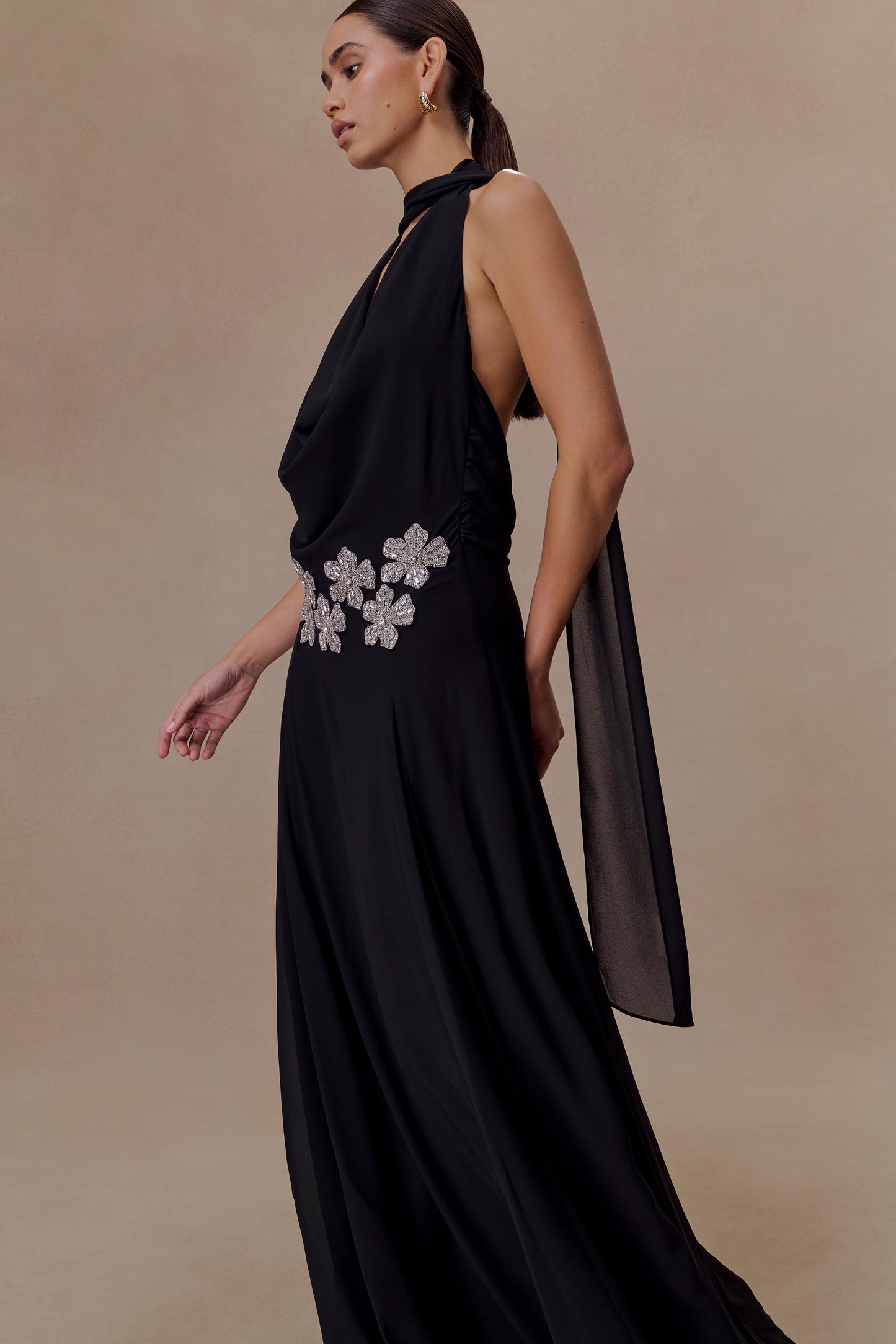 Santal Floral Chiffon Halter Maxi Dress - Black