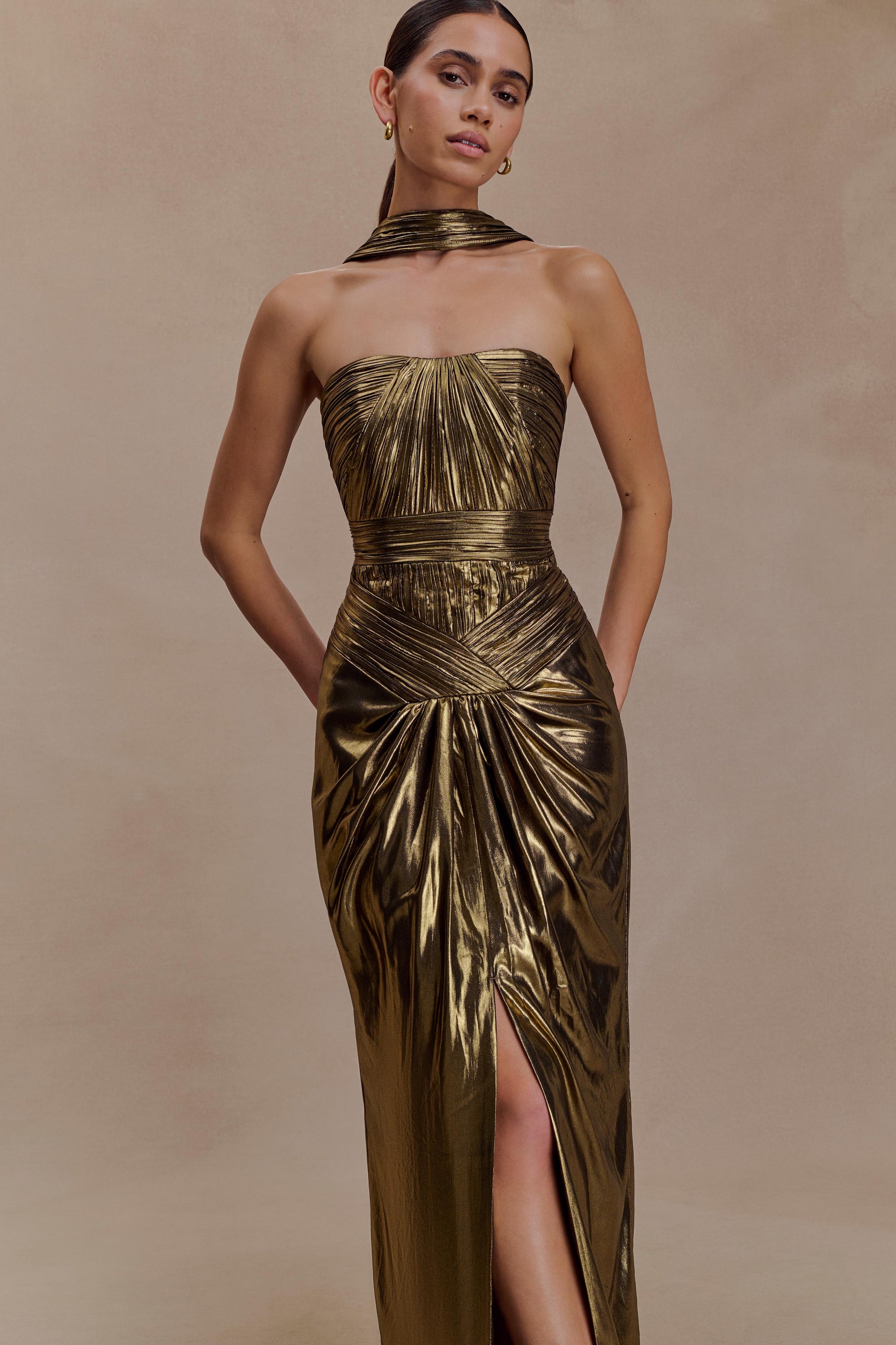 Clemence Plisse Maxi Dress - Gold #11